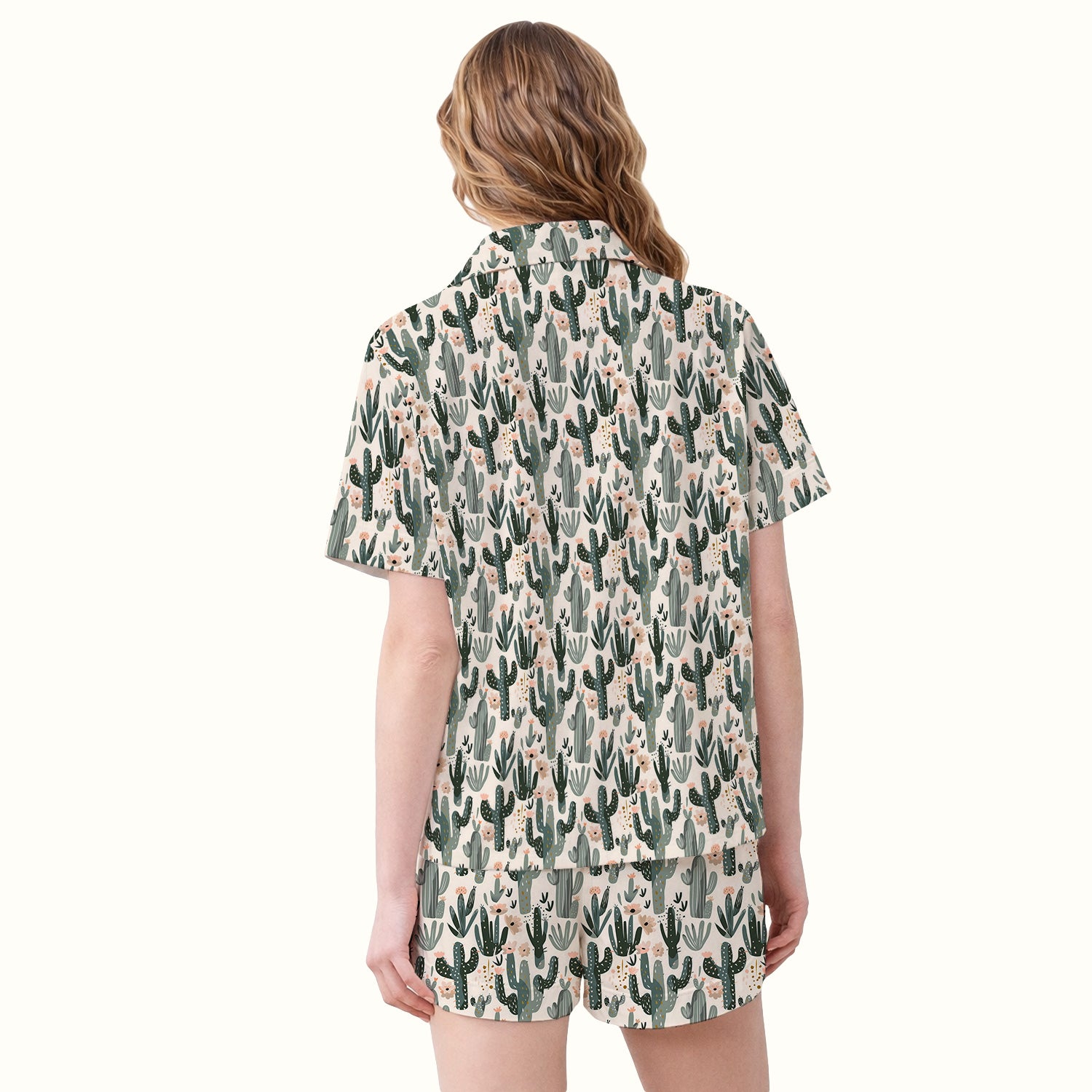 Green Cactus Desert Blossom Pattern Pajama Set, Soft Breathable Fabric Comfortable Sleepwear