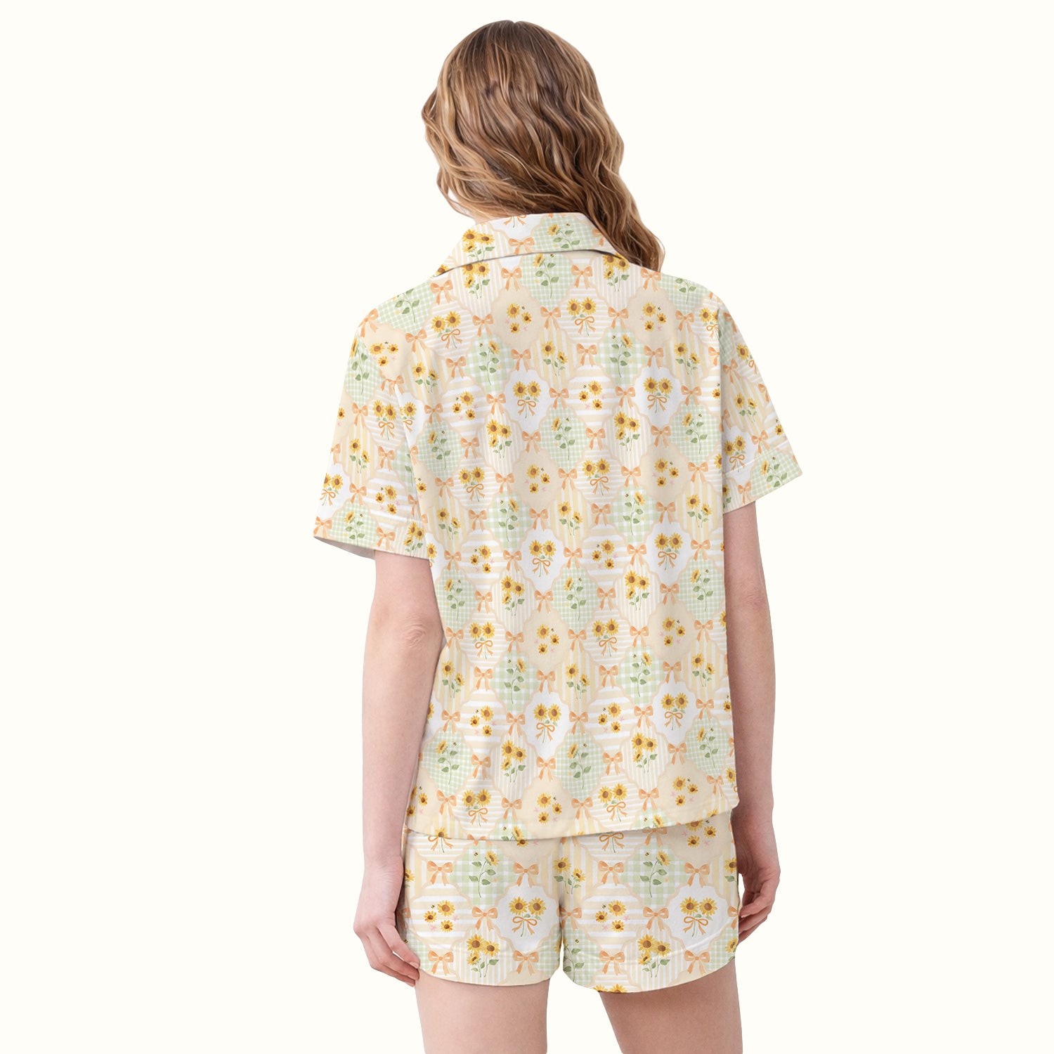 Cute Sunflower Ribbon Patchwork Pattern Pajama Set, Soft Breathable Fabric Comfortable Sleepwear