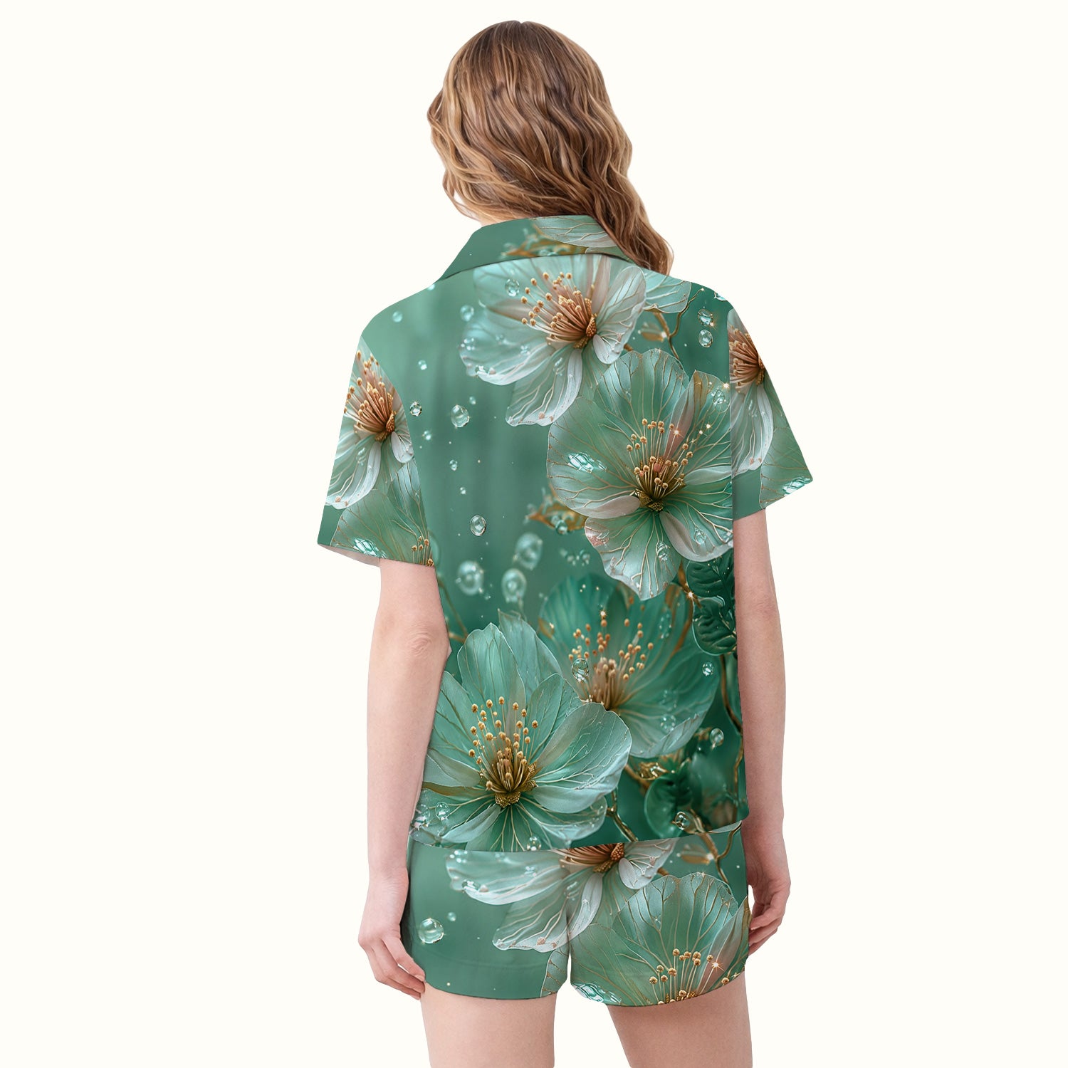 Elegant Mint Blossom Dewdrop Pattern Pajama Set, Soft Breathable Fabric Comfortable Sleepwear