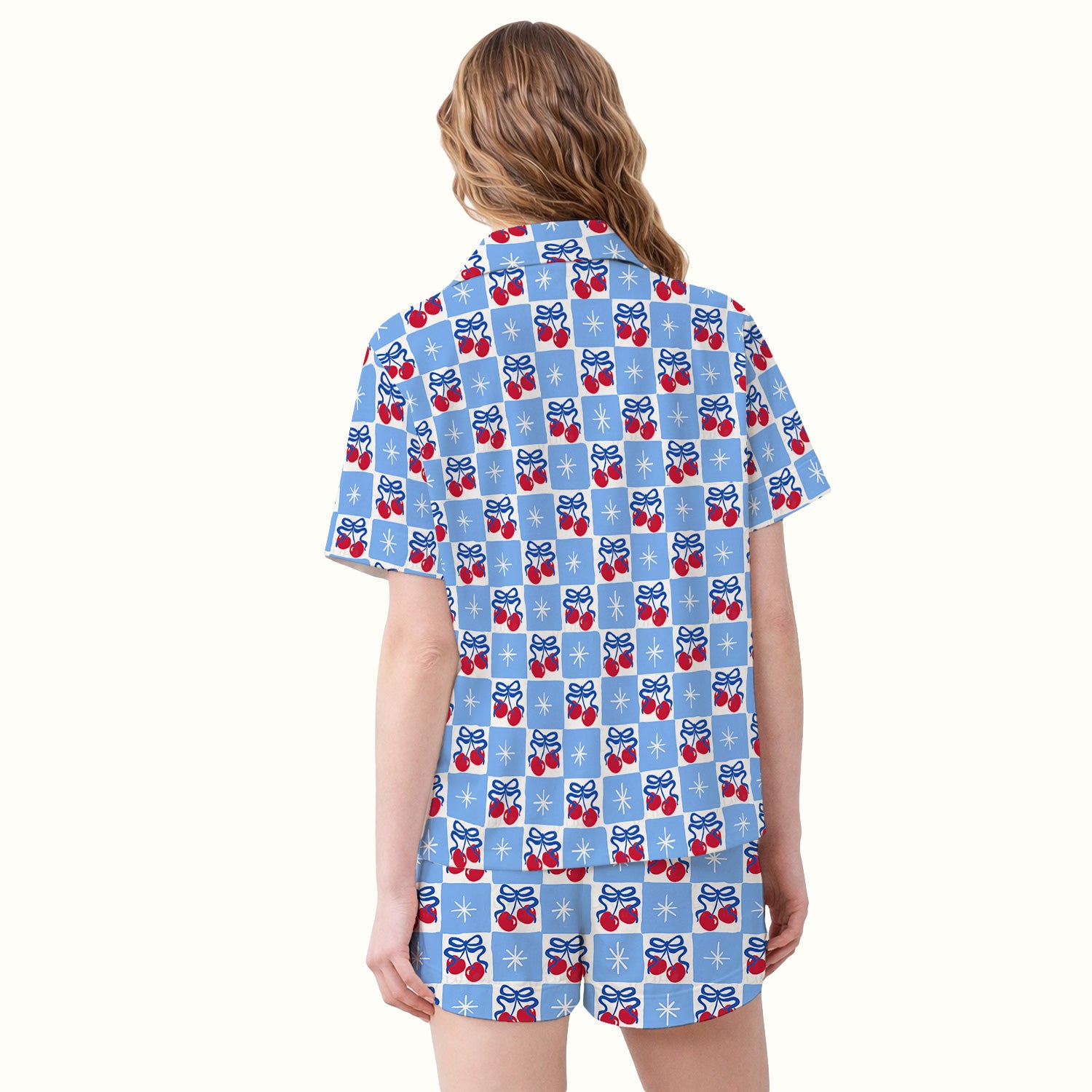 Cute Cherry Bow With Blue Gingham Check Pattern Pajama Set, Soft Breathable Fabric Comfortable Sleepwear