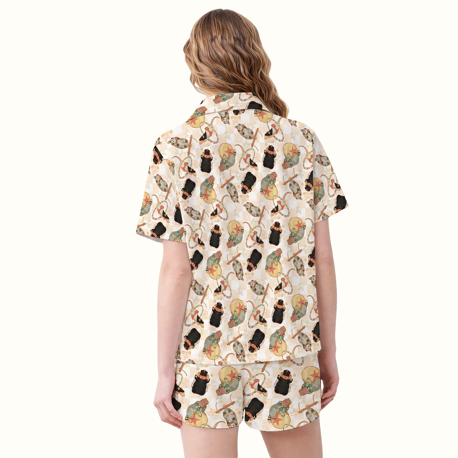 Cute Circus Animal Mouse Acrobat Pattern Pajama Set, Soft Breathable Fabric Comfortable Sleepwear