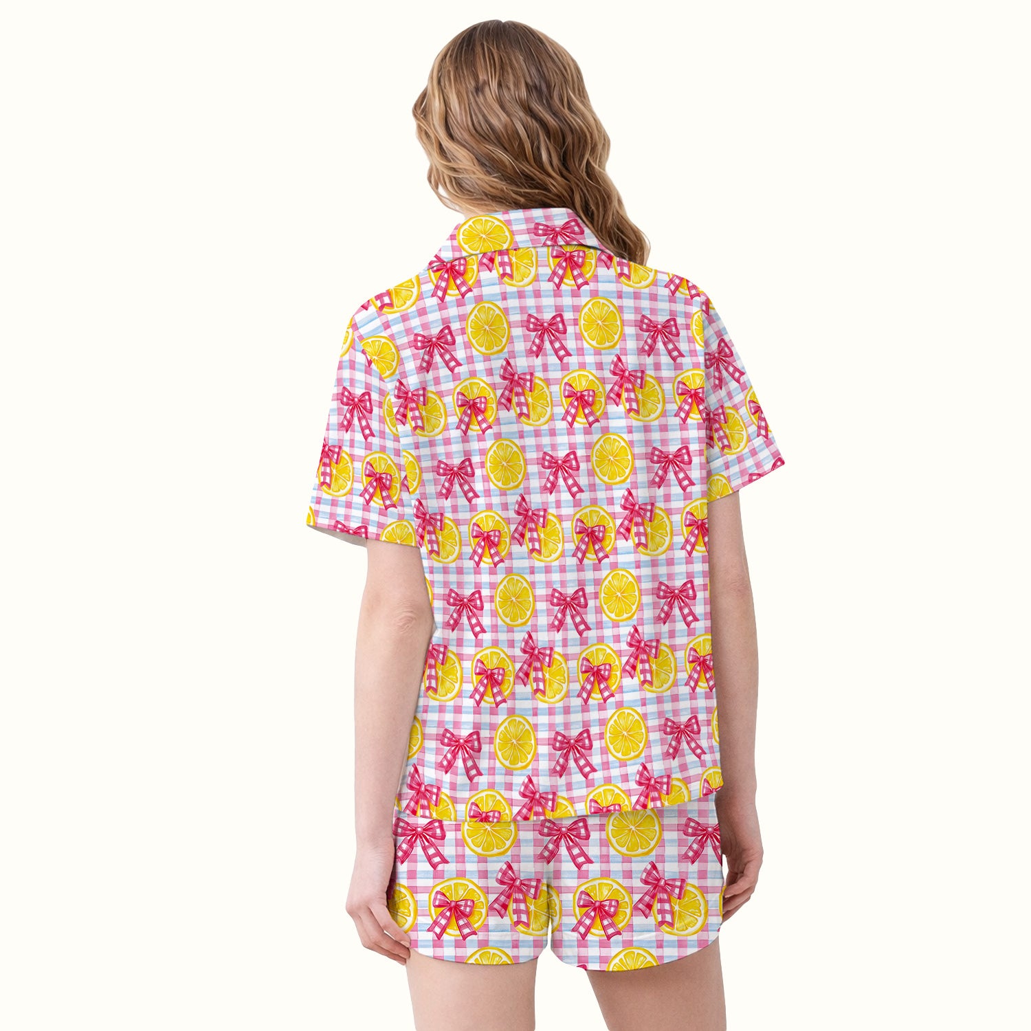 Cute Lemon Slice Pink Bow Gingham Pattern Pajama Set, Soft Breathable Fabric Comfortable Sleepwear