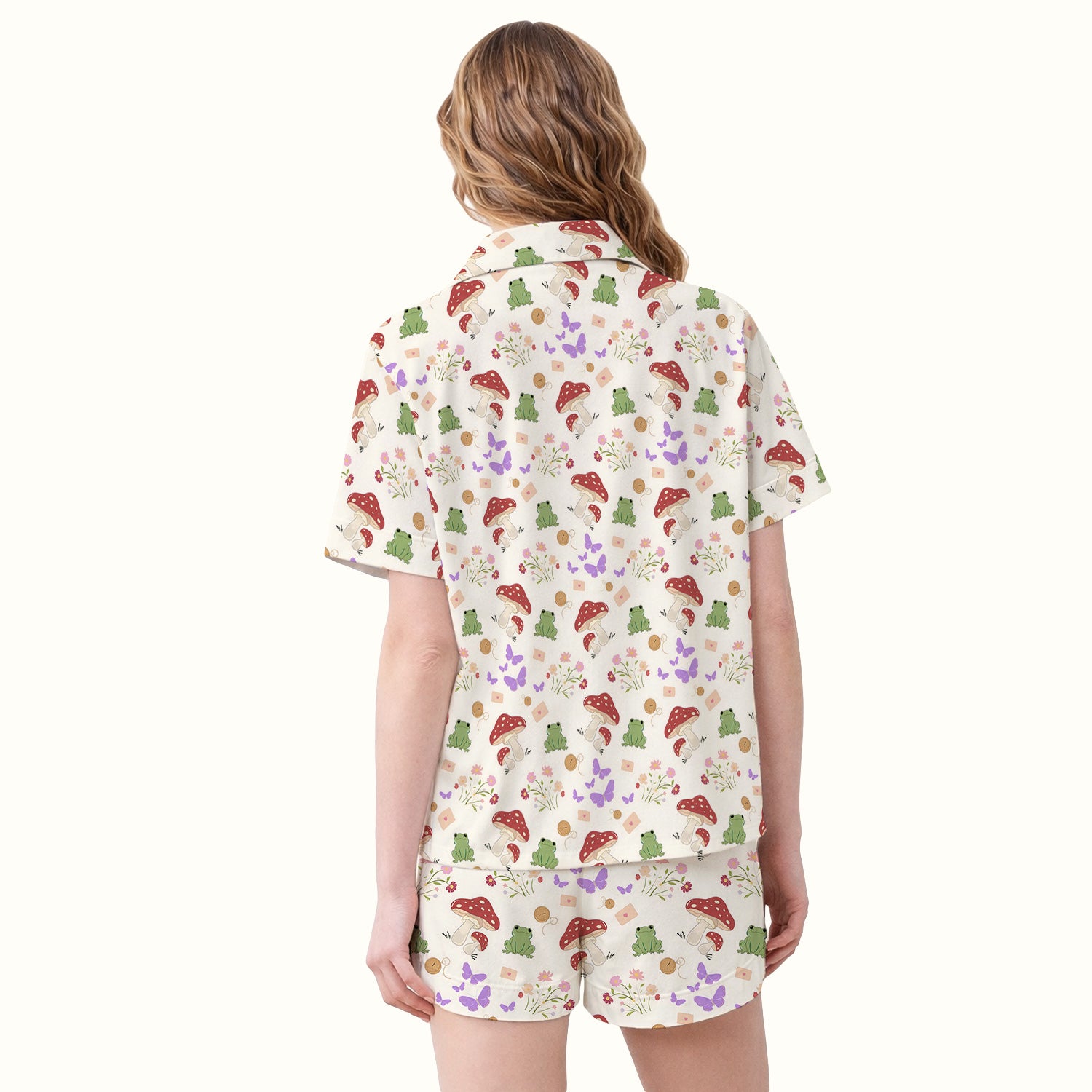 Adorable Nurse Frog and Mushroom Garden Print Pajama Set, Soft Breathable Fabric Comfortable Sleepwear