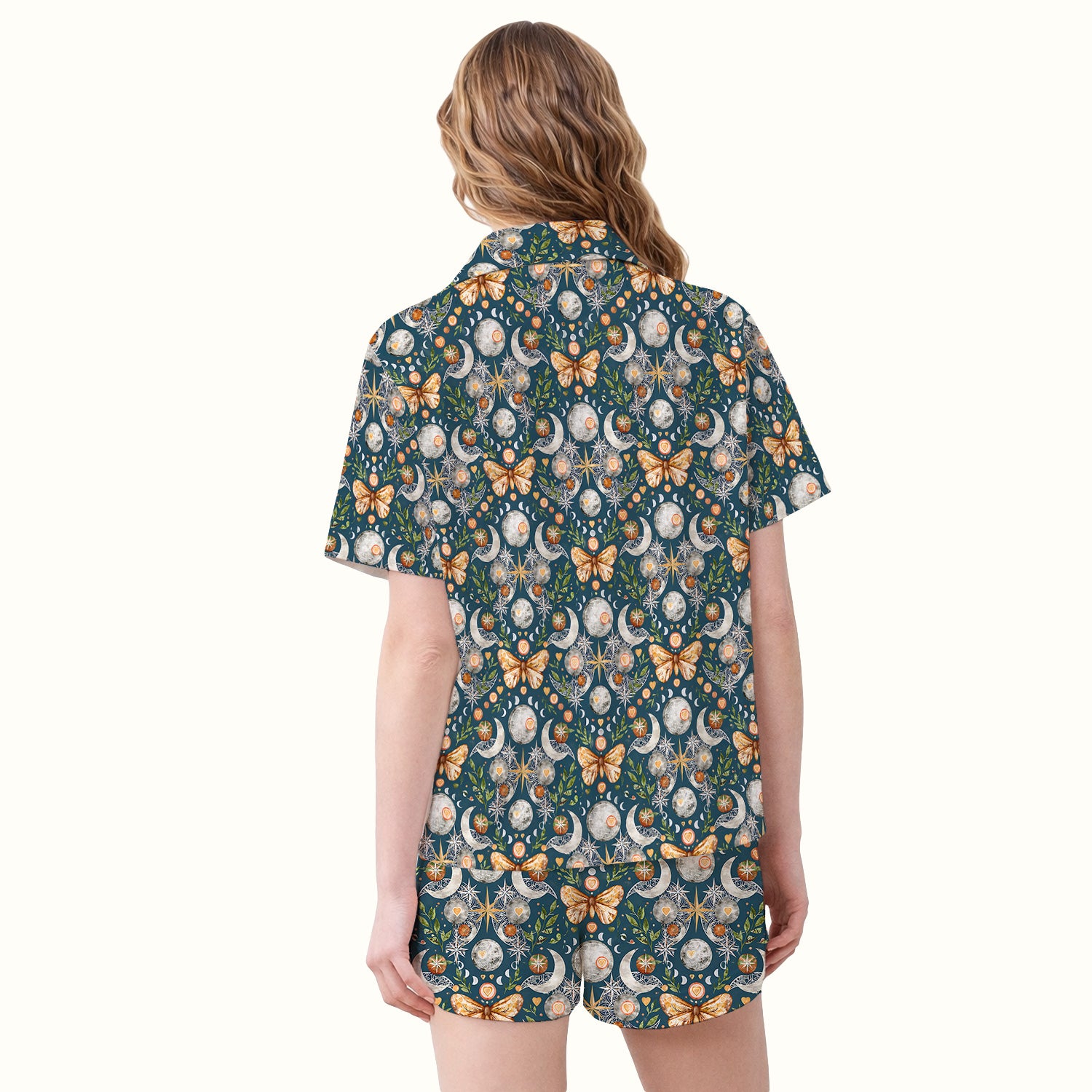 Celestial Butterfly Moonlight Pattern Pajama Set, Soft Breathable Fabric Comfortable Sleepwear