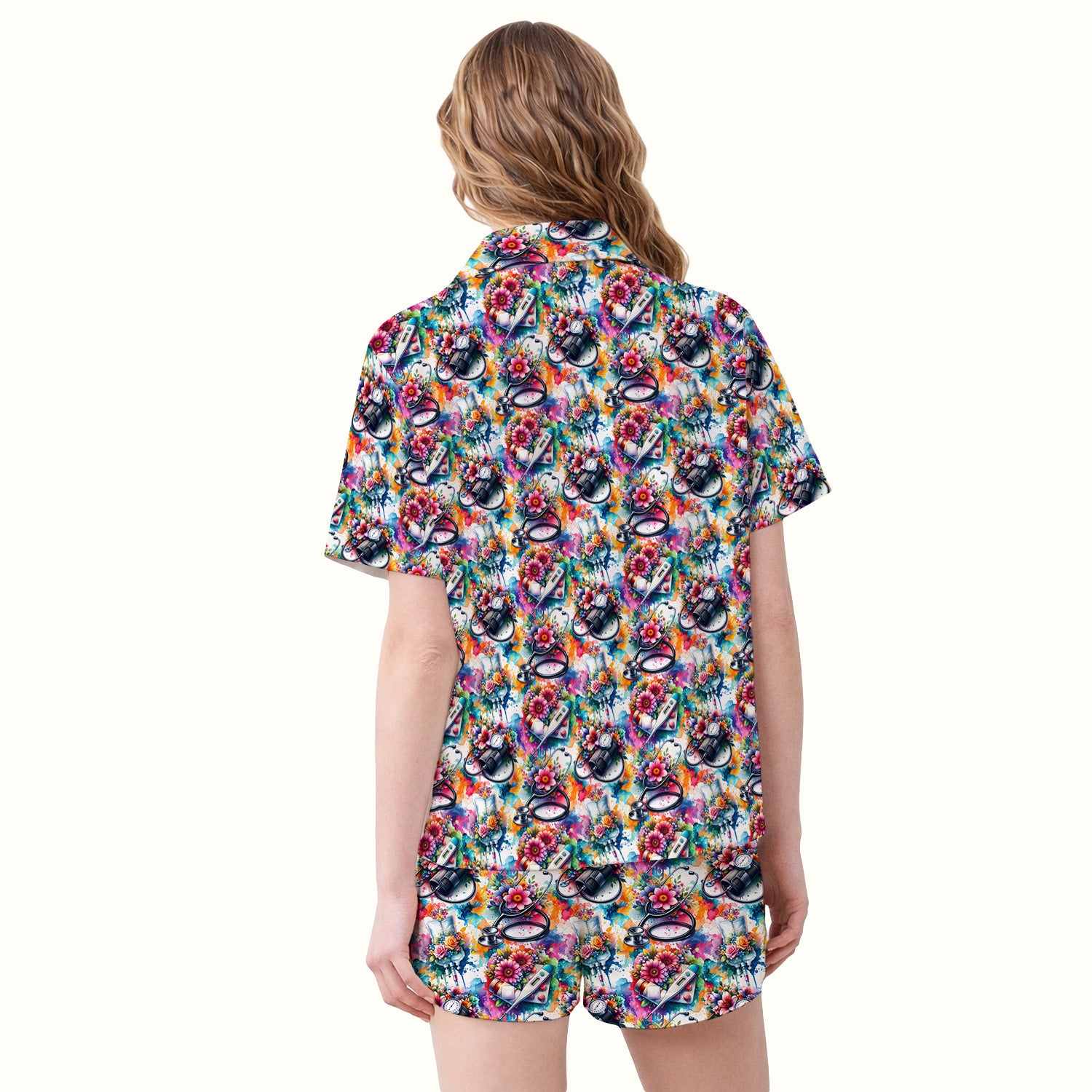 Colorful Medical Tools Floral Pattern Pajama Set, Soft Breathable Fabric Comfortable Sleepwear