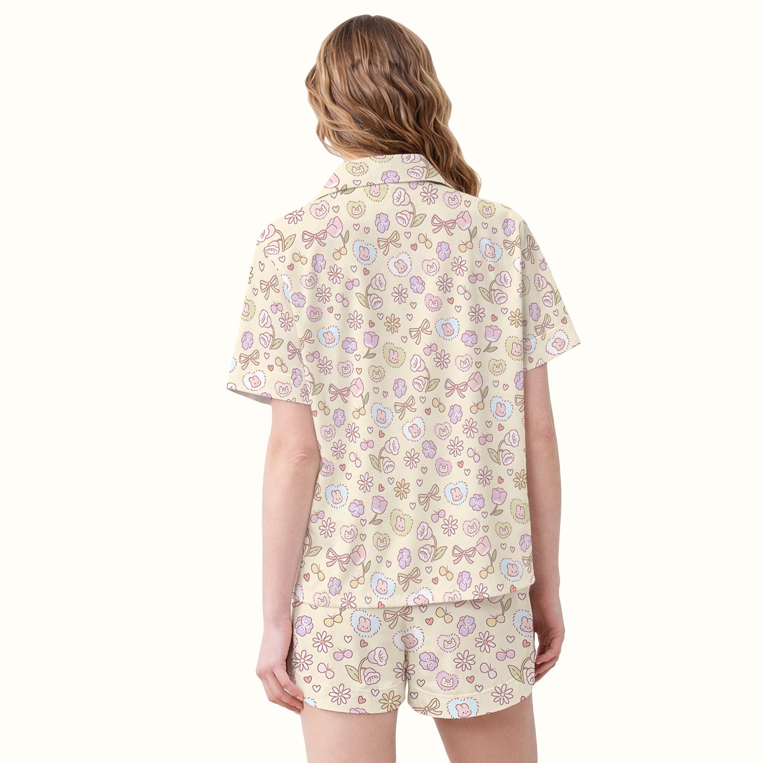 Pastel Bunny Flower Heart Pattern Nurse Pajama Set, Soft Breathable Fabric Comfortable Sleepwear