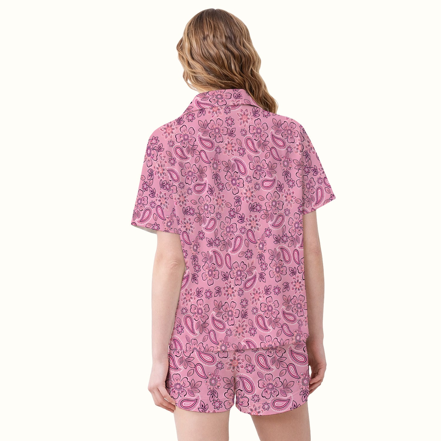 Pink Paisley Floral Nurse Pattern Pajama Set, Soft Breathable Fabric Comfortable Sleepwear