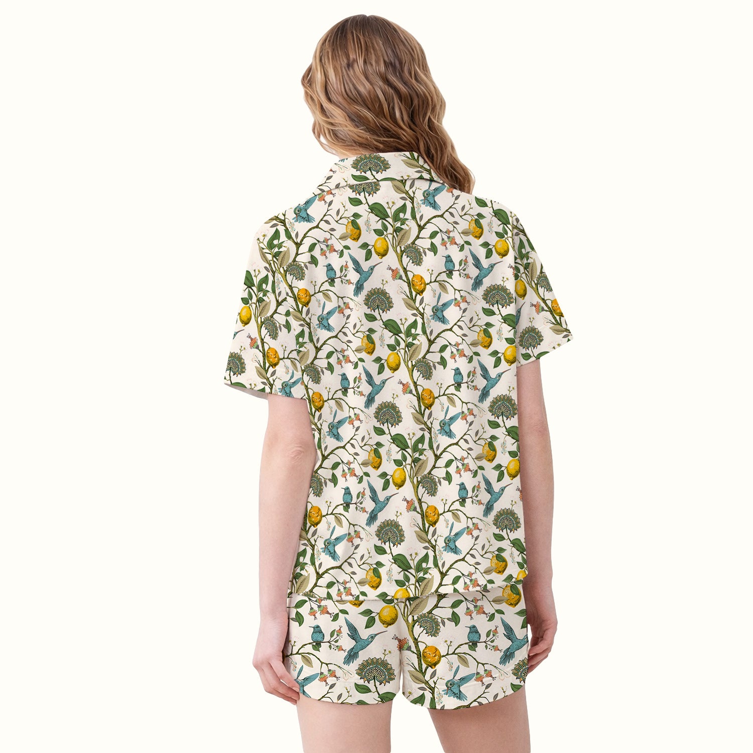 Cute Hummingbird Lemon Floral Pattern Pajama Set, Soft Breathable Fabric Comfortable Sleepwear