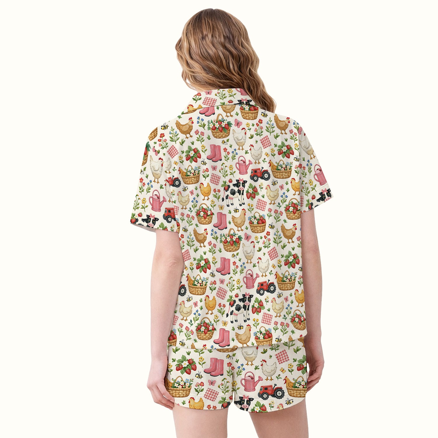 Whimsical Farm Animals Garden Pattern Pajama Set, Breathable Fabrics Uniform