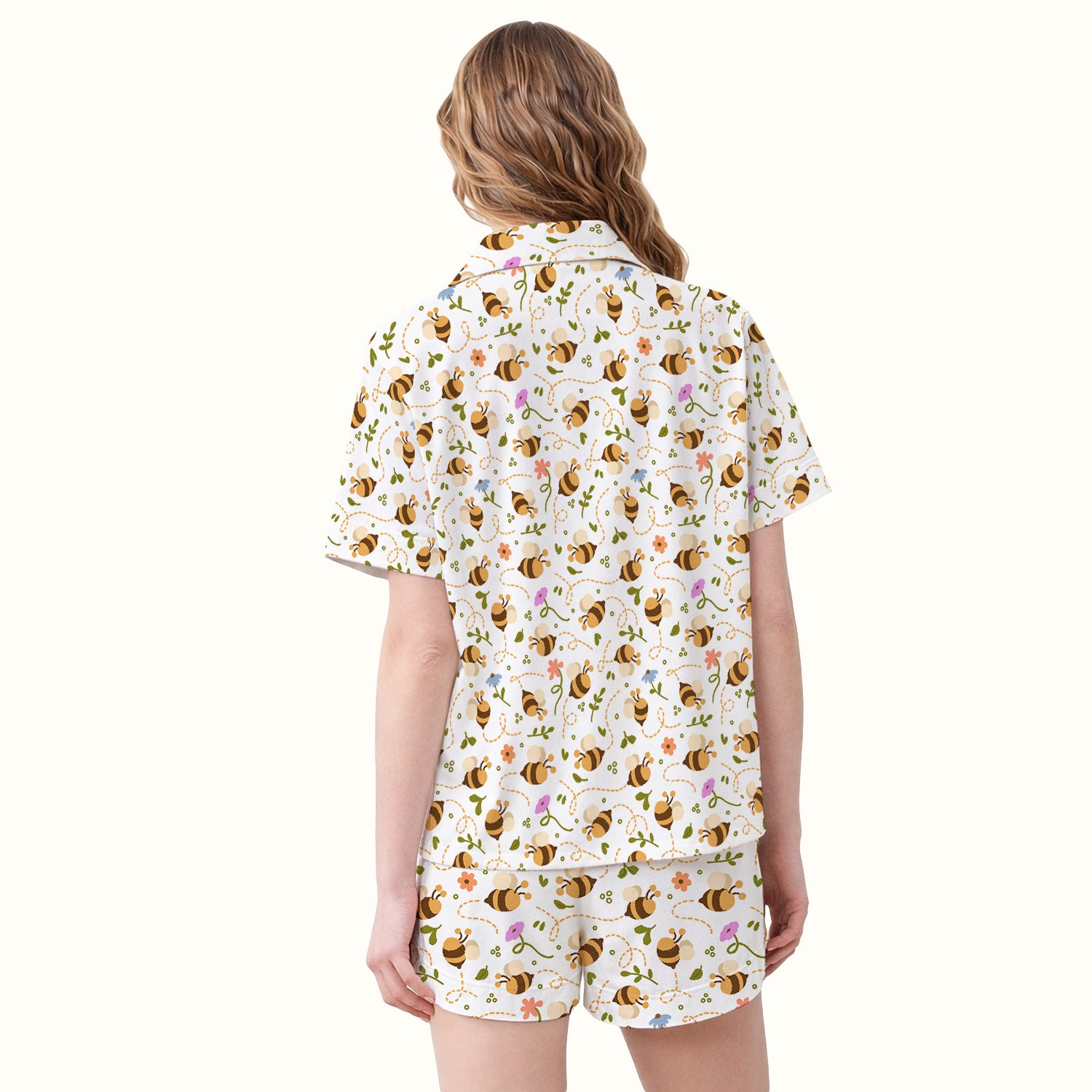 Bee Flying Floral Trail Garden Pattern Pajama Set, Breathable Fabrics Uniform