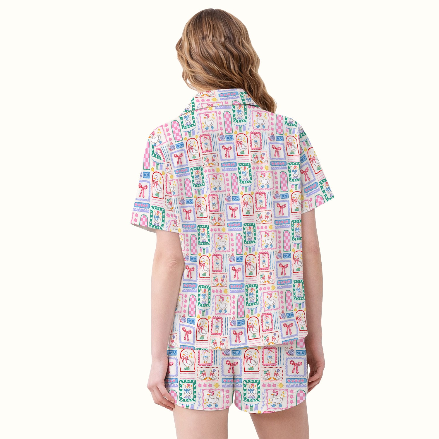 Adorable Nurse Goose Ribbon Patchwork Frame Pattern Pajama Set, Soft Breathable Fabric Comfortable Sleepwear