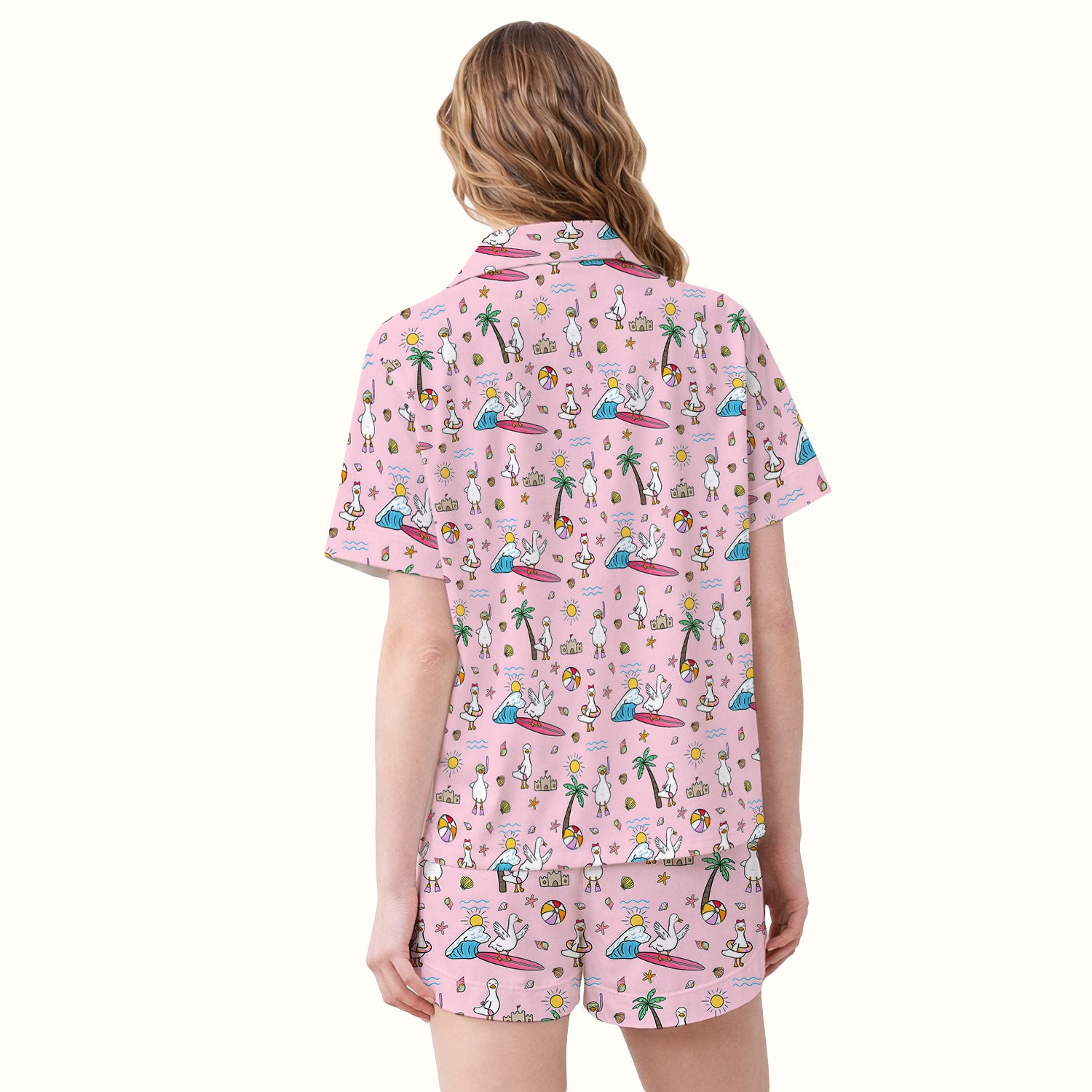 Cute Nurse Seagull Surfboard Beach Palm Tree Pattern Pajama Set, Soft Breathable Fabric Comfortable Sleepwear