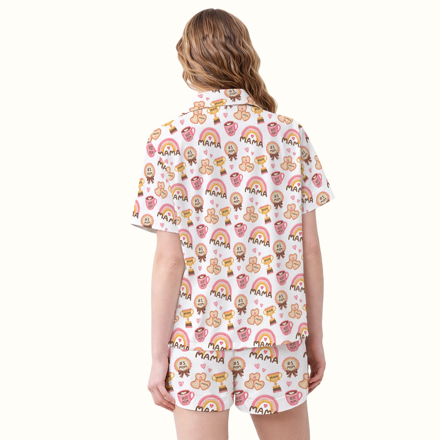 Sweet Nurse Mama Rainbow Trophy Heart Pattern Pajama Set, Soft Breathable Fabric Comfortable Sleepwear