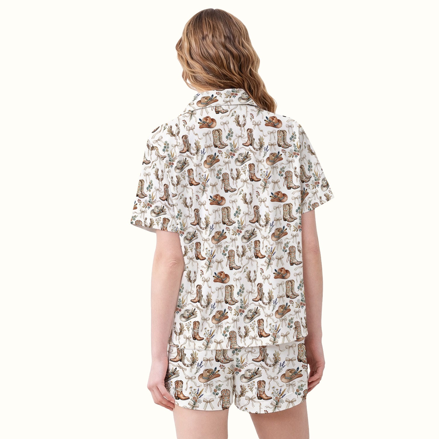Western Cowboy Boots Hat Floral Pattern Pajama Set, Soft Breathable Fabric Comfortable Sleepwear