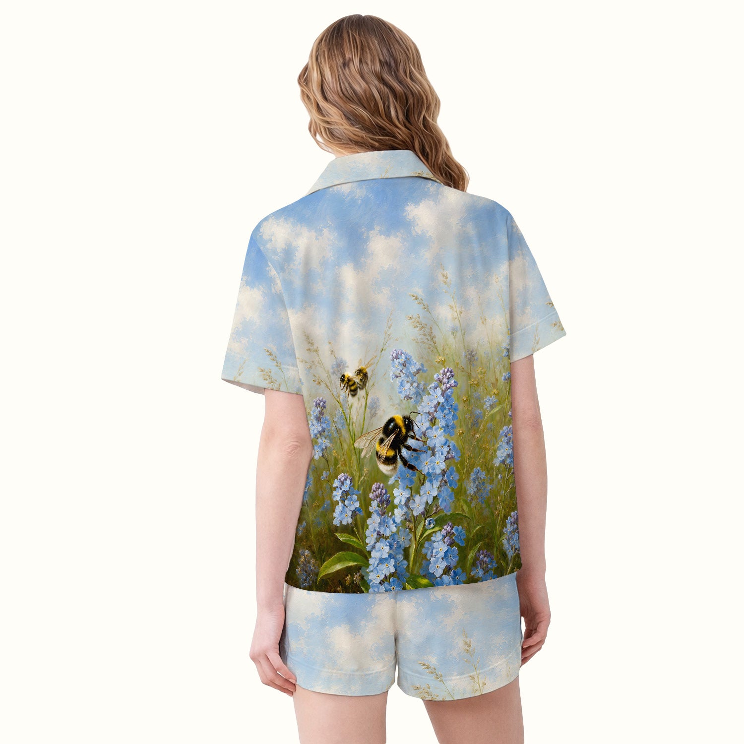 Whimsical Bumblebee Blue Blossom Pattern Pajama Set, Soft Breathable Fabric Comfortable Sleepwear