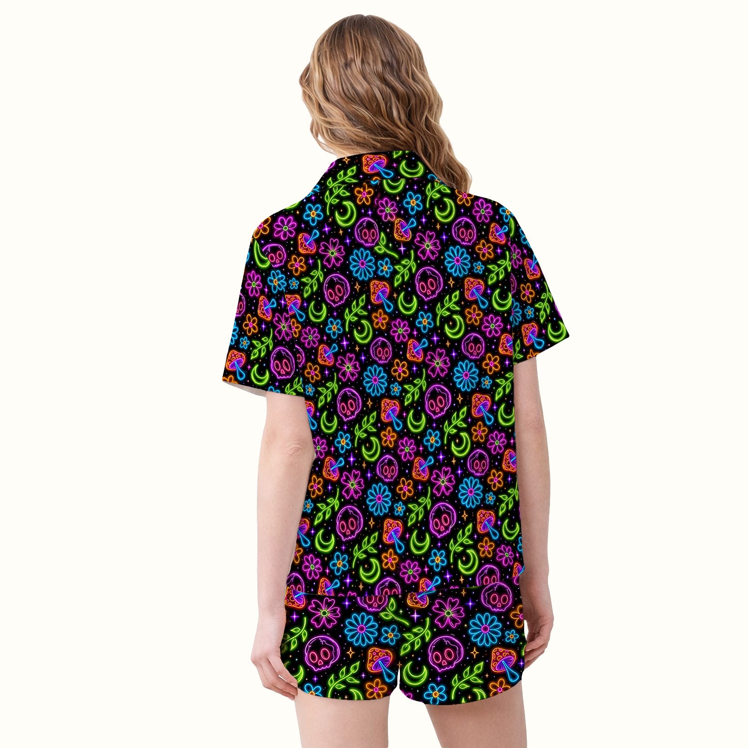 Neon Skull Mushroom Floral Pajama Set, Colorful Gothic Fabrics Uniform
