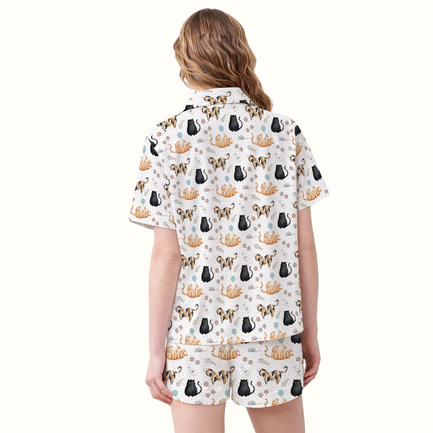 Cute Cat Yarn Paw Pattern Pajama Set, Soft Breathable Fabric Comfortable Sleepwear