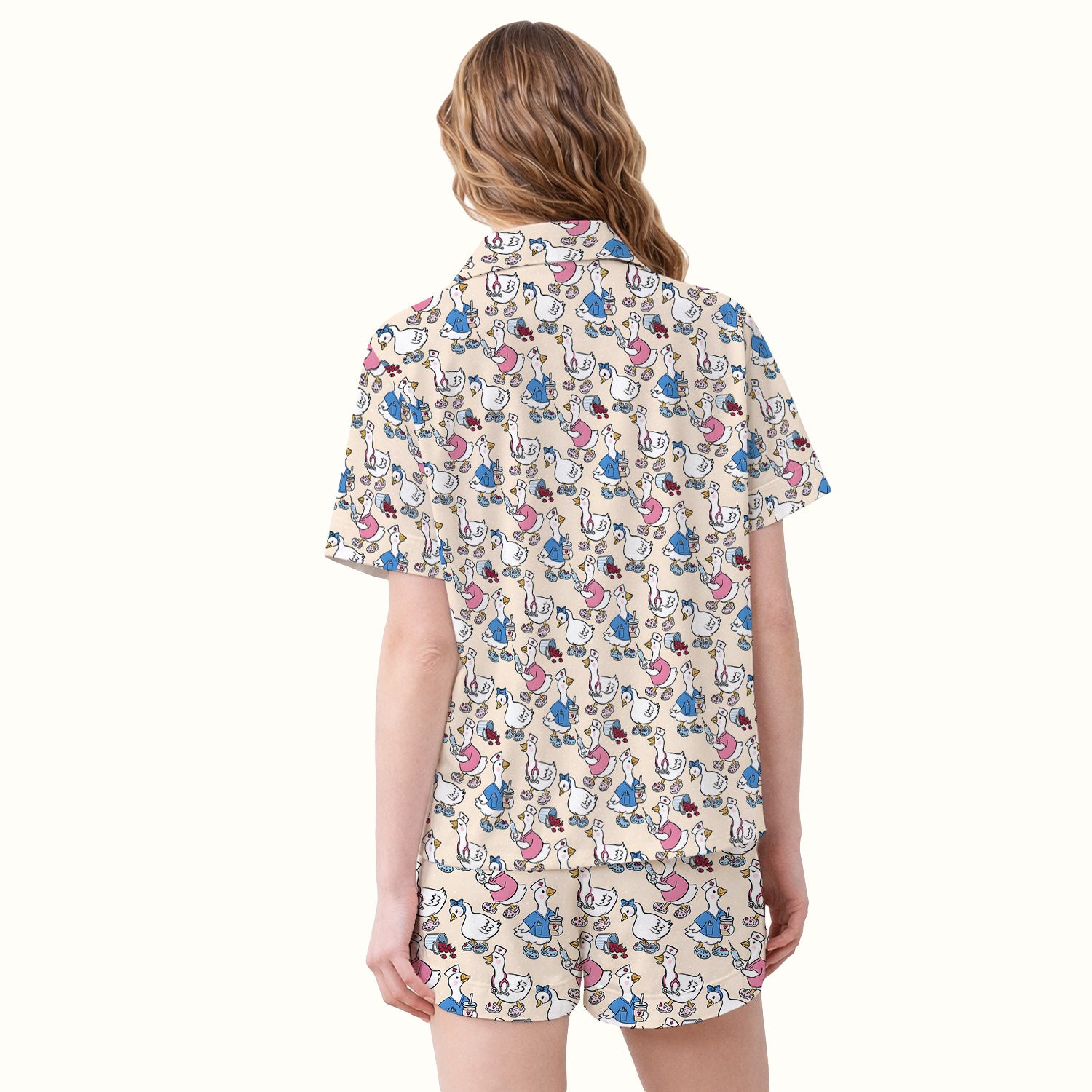 Cute Nurse Goose Cartoon Pattern Pajama Set, Soft Breathable Fabric Comfortable Sleepwear