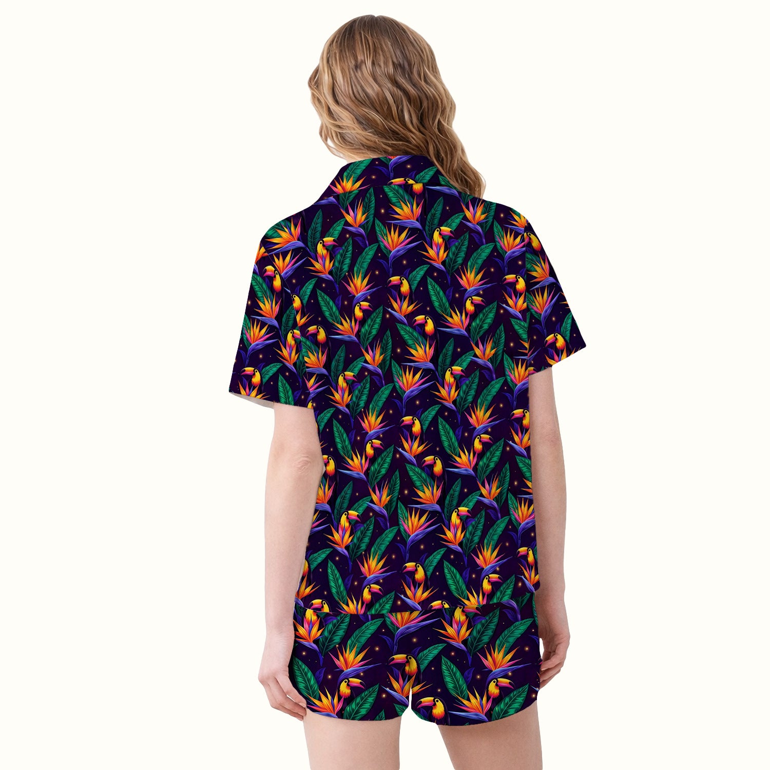 Tropical Toucan Bird Paradise Leaves Pattern Pajama Set, Soft Breathable Fabric Comfortable Sleepwear