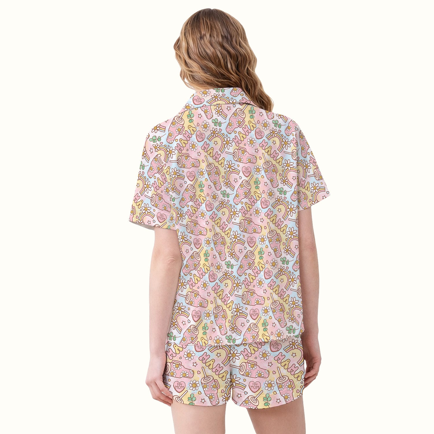 Sweet Nurse Mama Daisy Rainbow Pattern Pajama Set, Soft Breathable Fabric Comfortable Sleepwear