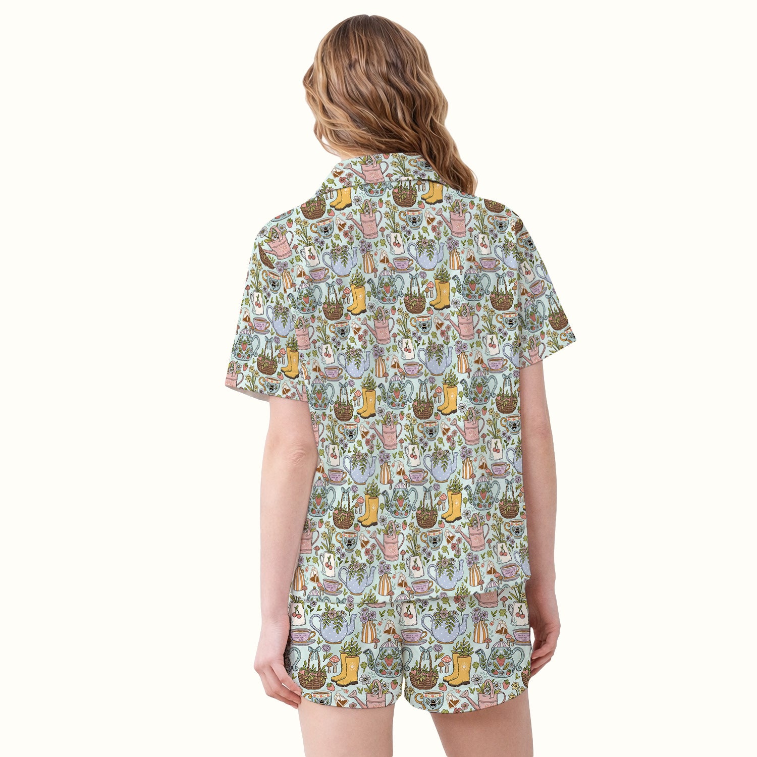 Garden Tea Party Floral Print Pajama Set, Soft Breathable Fabric Comfortable Sleepwear