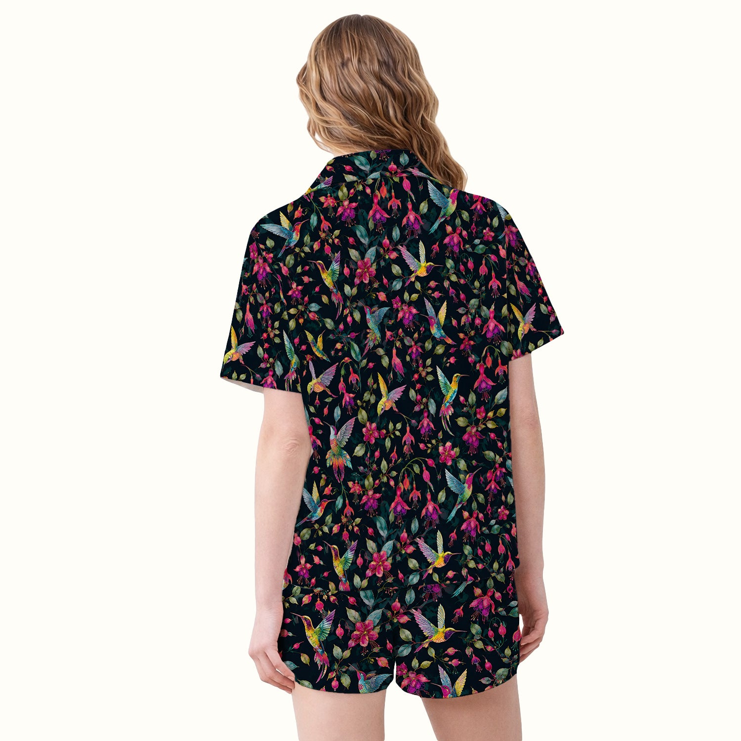 Hummingbird Fuchsia Bloom Pattern Pajama Set, Soft Breathable Fabric Comfortable Sleepwear
