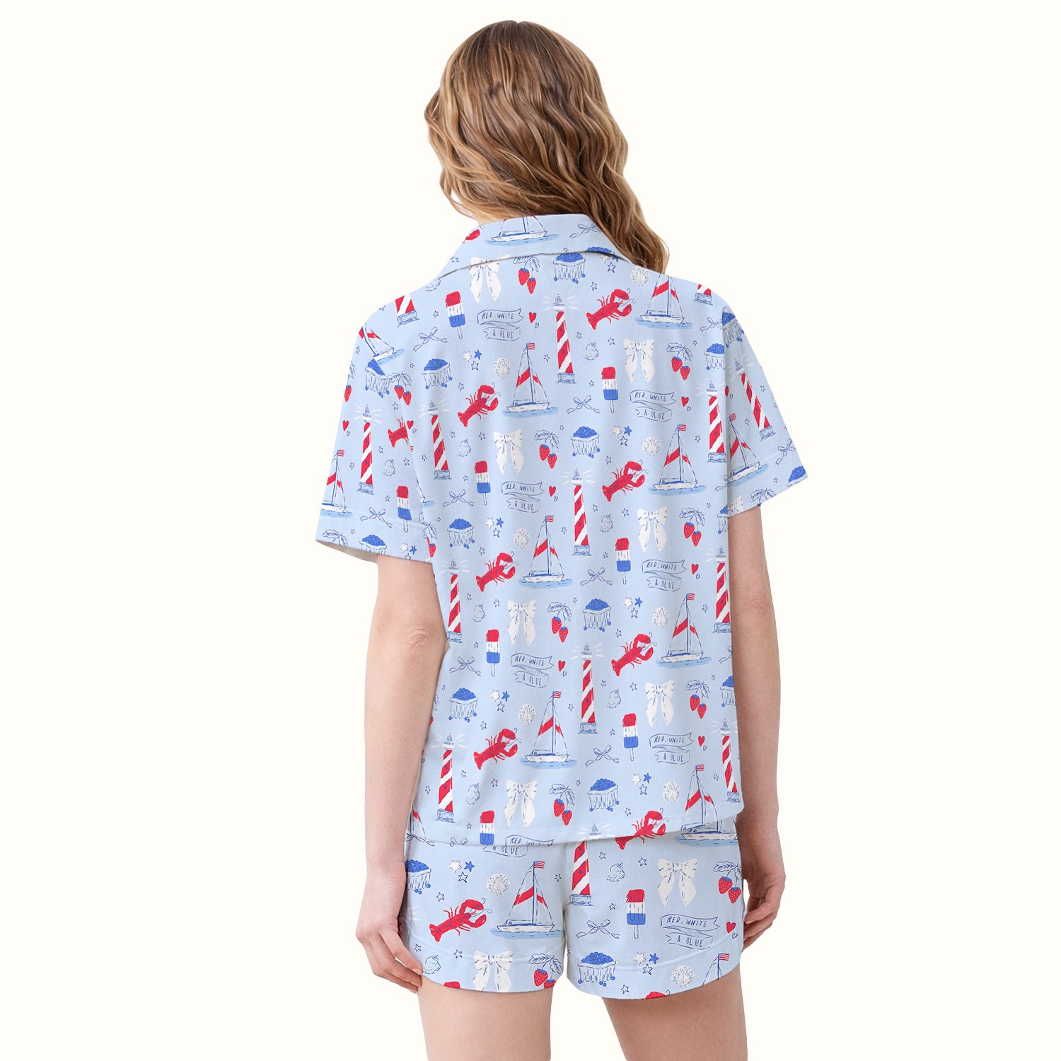 Lobster Lighthouse Sailboat Pattern Pajama Set, Soft Breathable Fabric Comfortable Sleepwear