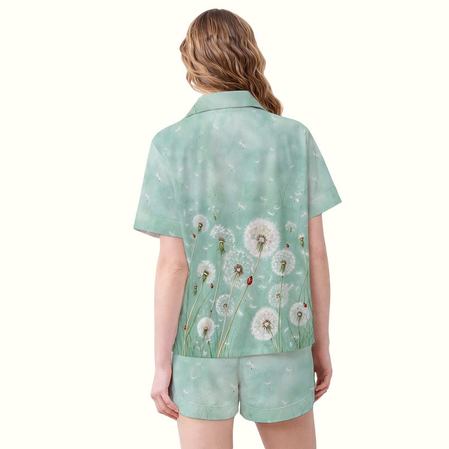 Dandelion Wishes Ladybug Meadow Pattern Pajama Set, Soft Breathable Fabric Comfortable Sleepwear