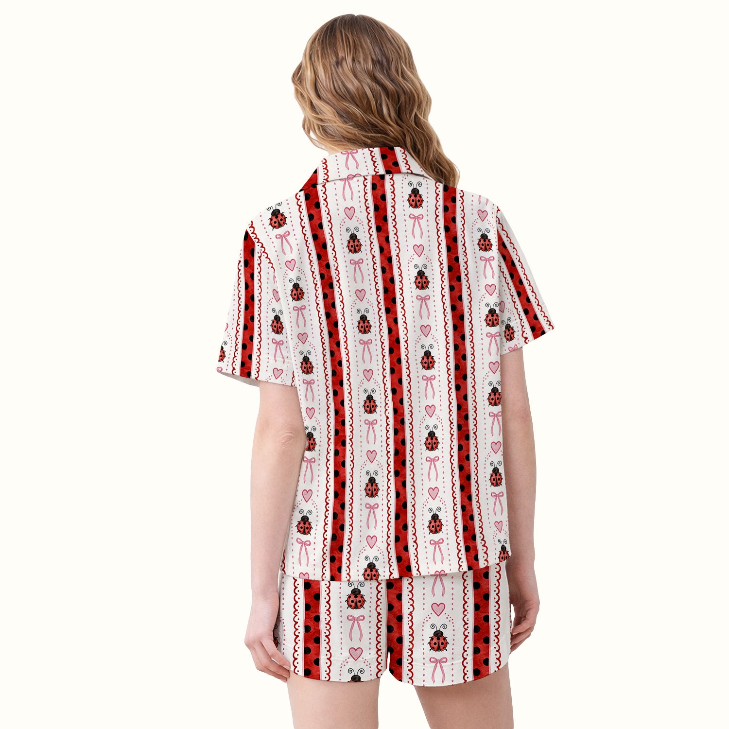 Cute Ladybug Heart Bow Stripe Pattern Pajama Set, Soft Breathable Fabric Comfortable Sleepwear
