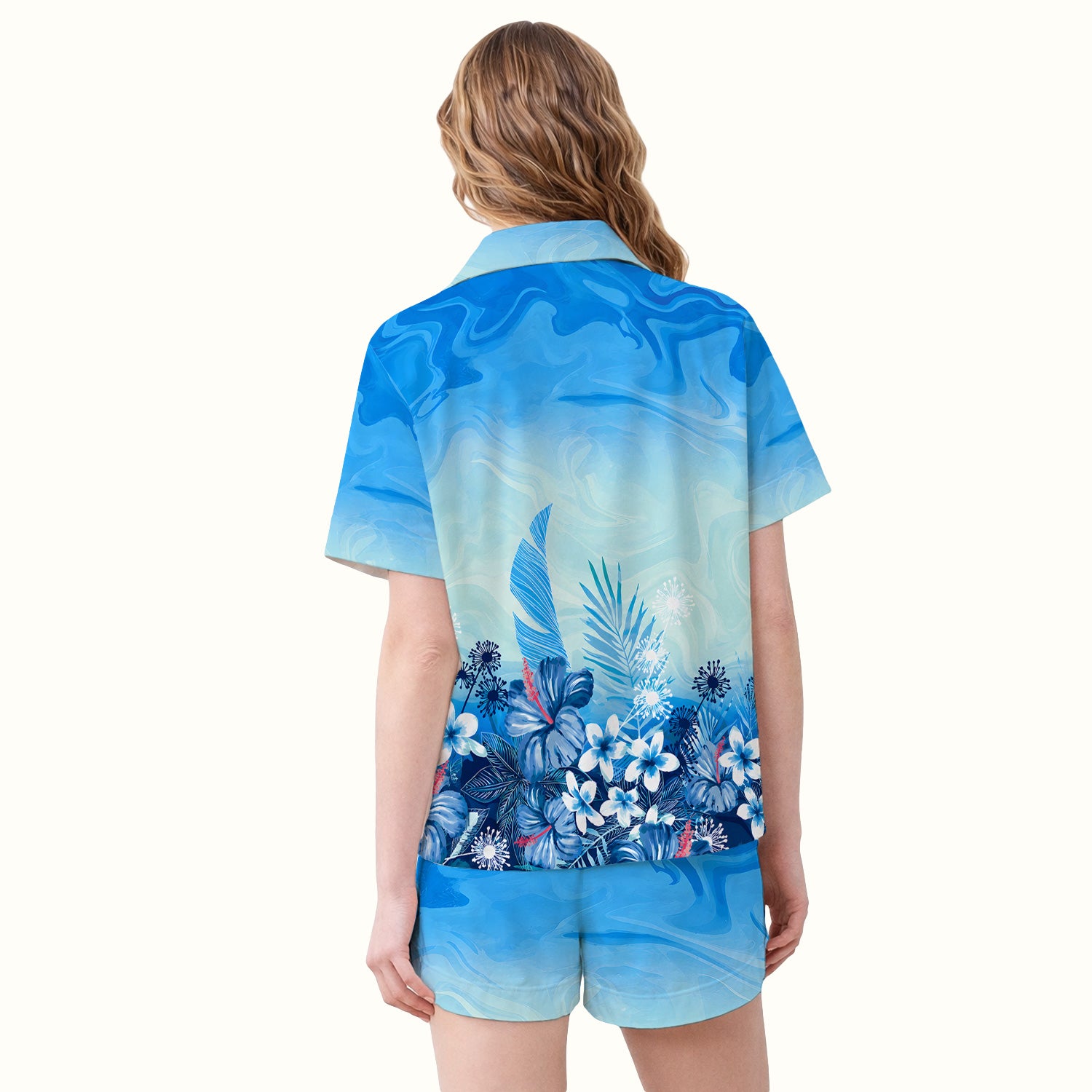 Elegant Blue Tropical Floral Pattern Pajama Set, Soft Breathable Fabric Comfortable Sleepwear