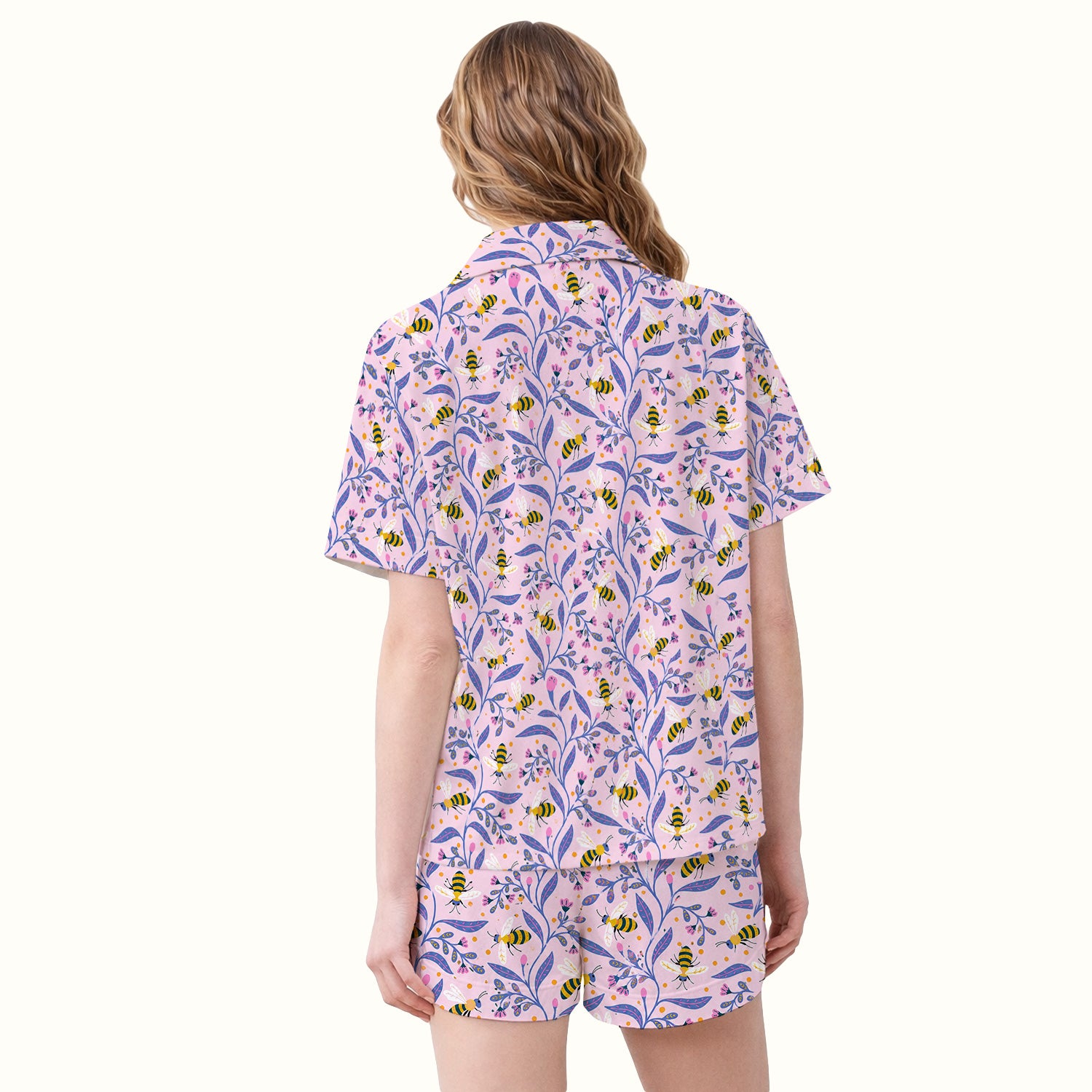 Cute Bumble Bee Floral Pattern Pajama Set, Soft Breathable Fabric Comfortable Sleepwear