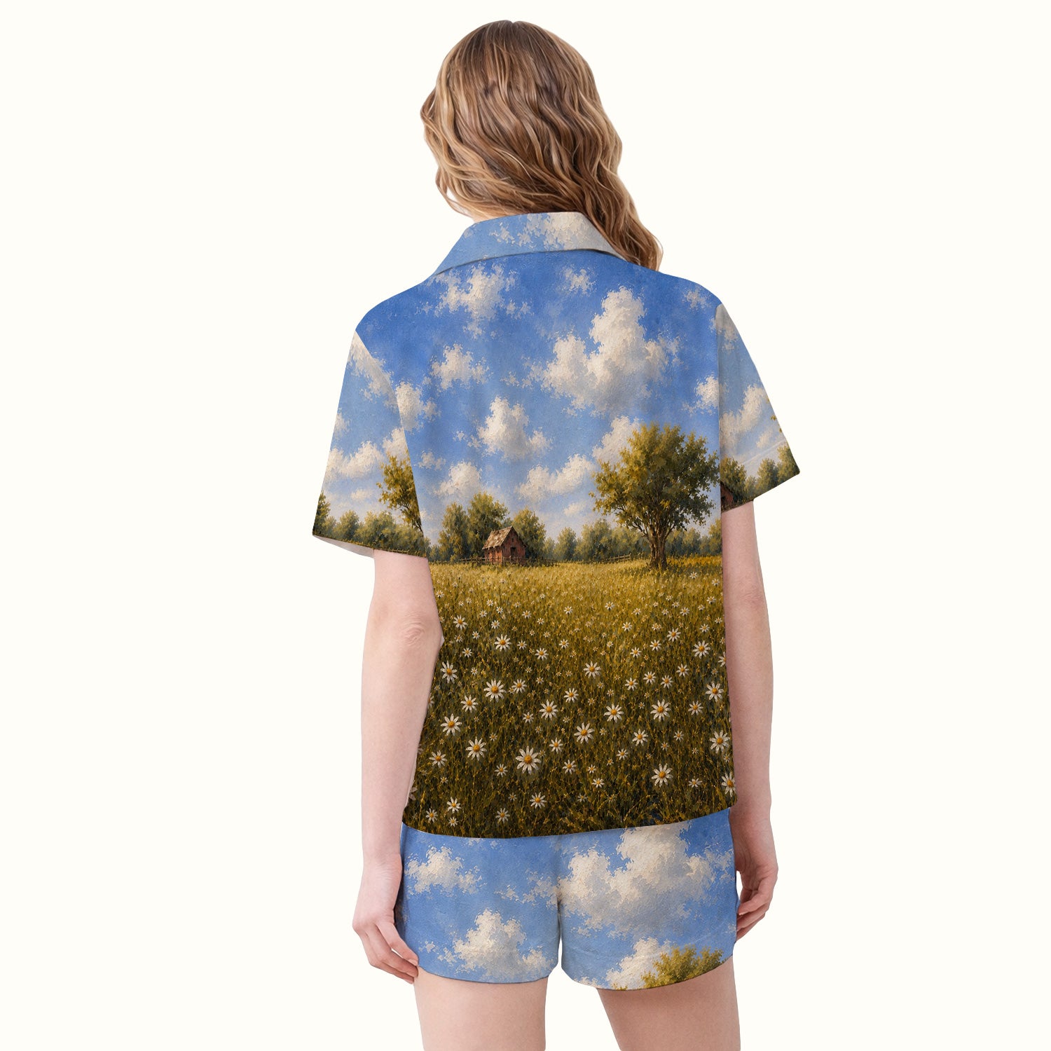 Cute Farmhouse Goose Meadow Pattern Pajama Set, Soft Breathable Fabric Comfortable Sleepwear