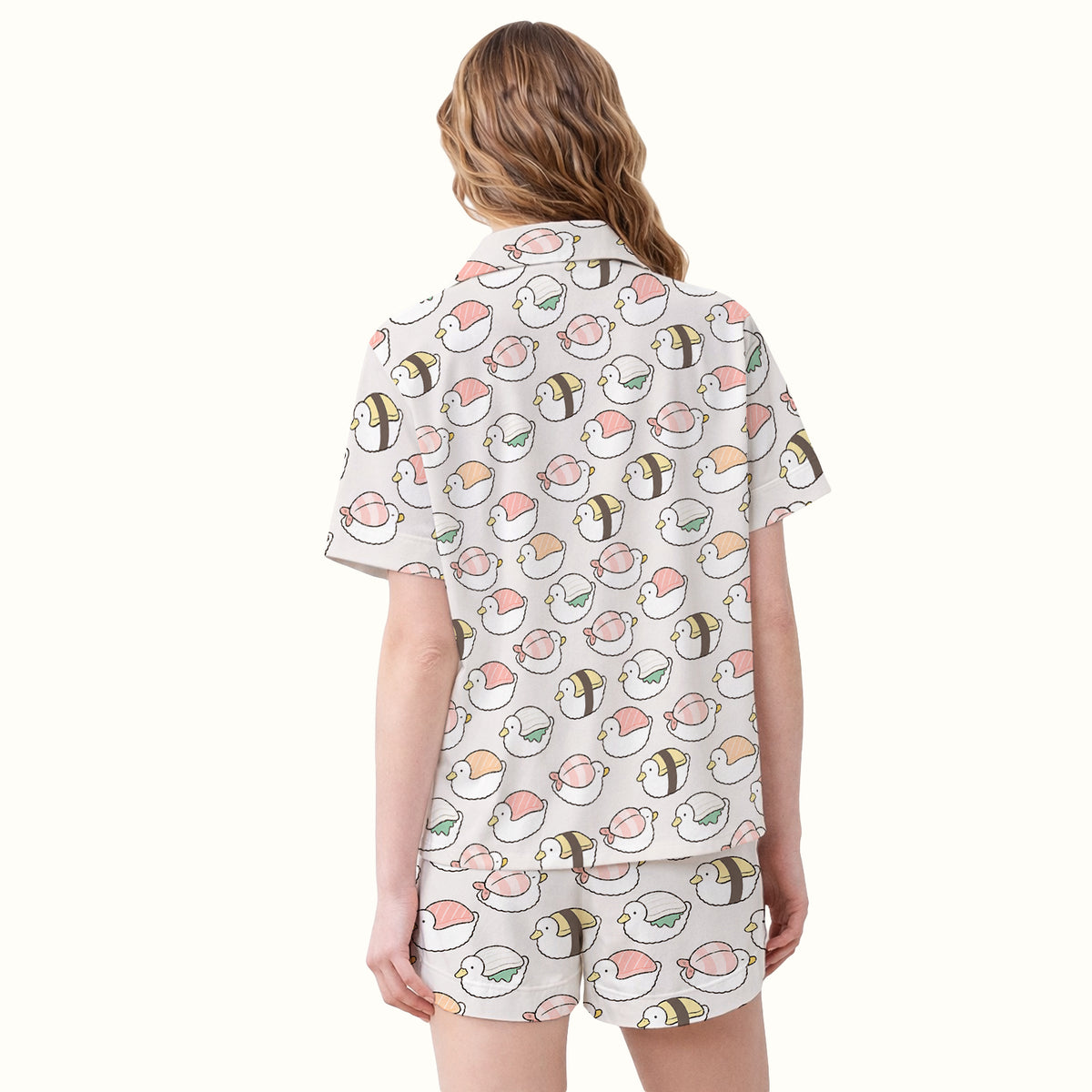 Cute Nigiri Sushi Ducks Pattern Pajama Set, Soft Breathable Fabric Comfortable Sleepwear