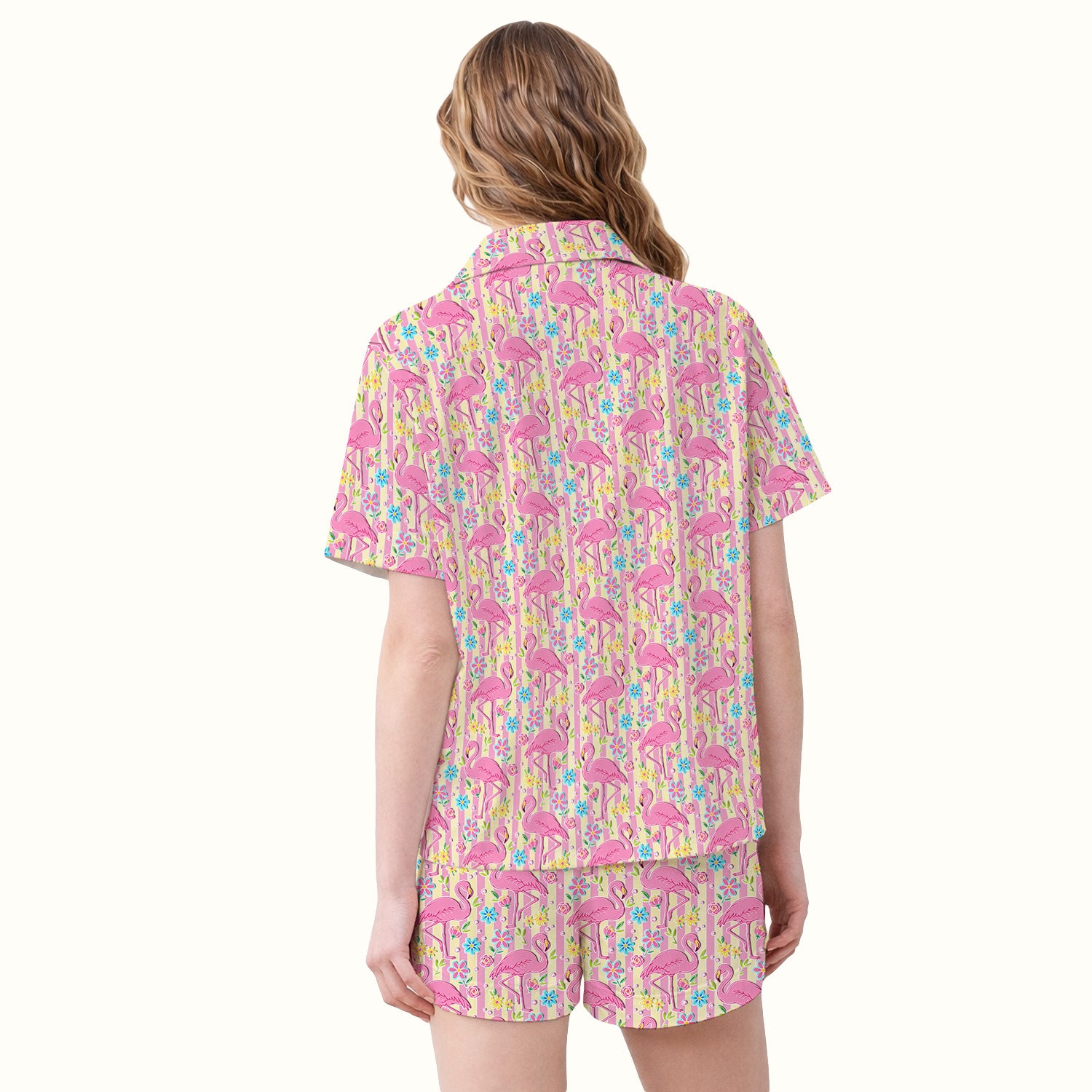 Pink Flamingo Flower Stripe Pattern Pajama Set, Soft Breathable Fabric Comfortable Sleepwear