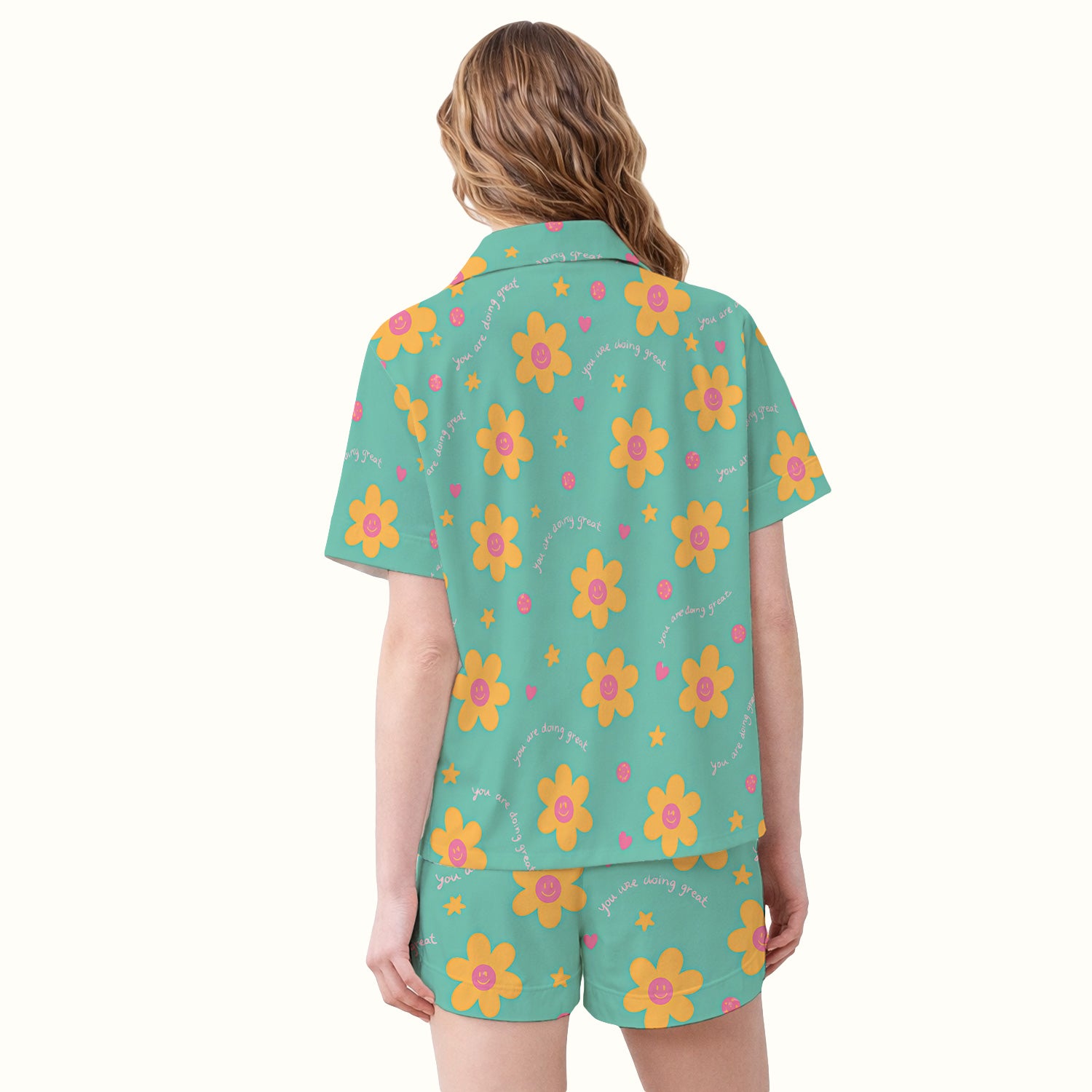 Cheerful Smiley Flower Pattern, Positive Medical Pajama Set, Soft Breathable Fabric Comfortable Sleepwear