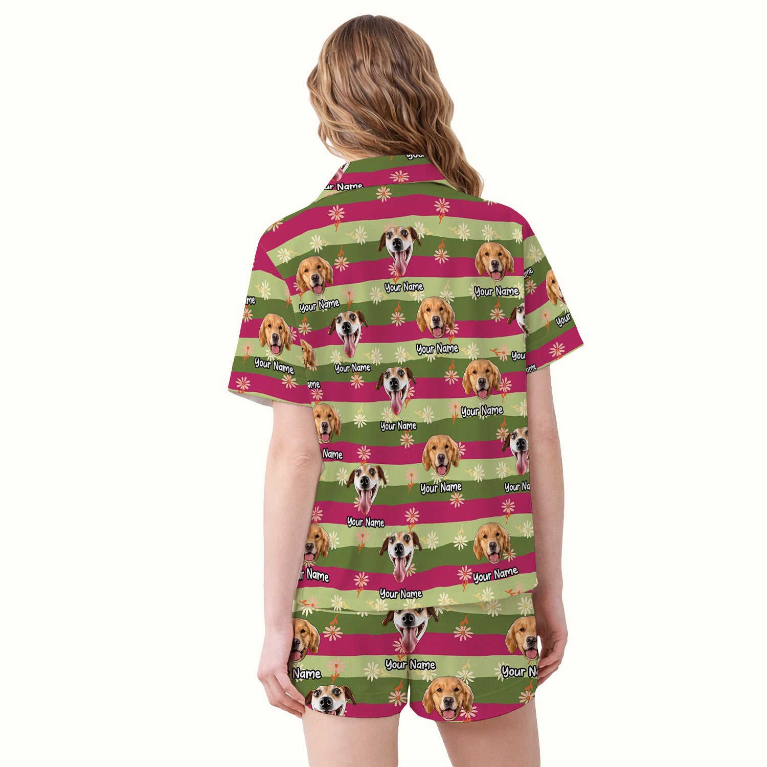 Personalized Floral Dog Portrait With Spring Stripes Pattern Pajama Set, Soft Breathable Fabric Comfortable Sleepwear