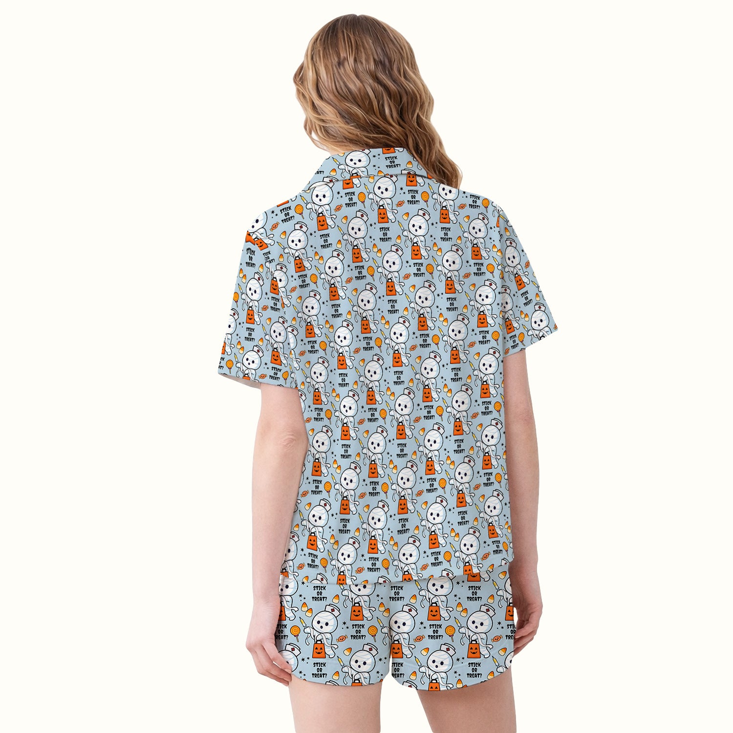 Funny Halloween Stick Or Treat Mummy Nurse Pajama Set, Soft Breathable Fabric Comfortable Sleepwear
