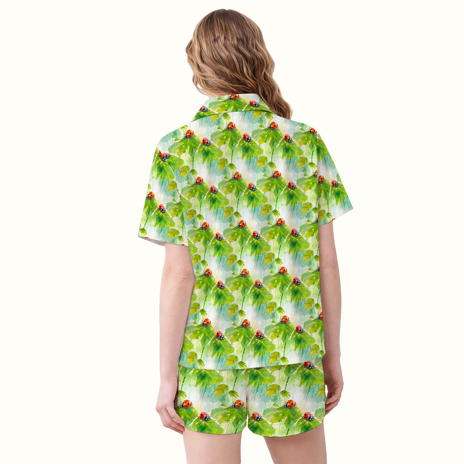 Ladybugs On Rainy Leaves Pattern Pajama Set, Soft Breathable Fabric Comfortable Sleepwear
