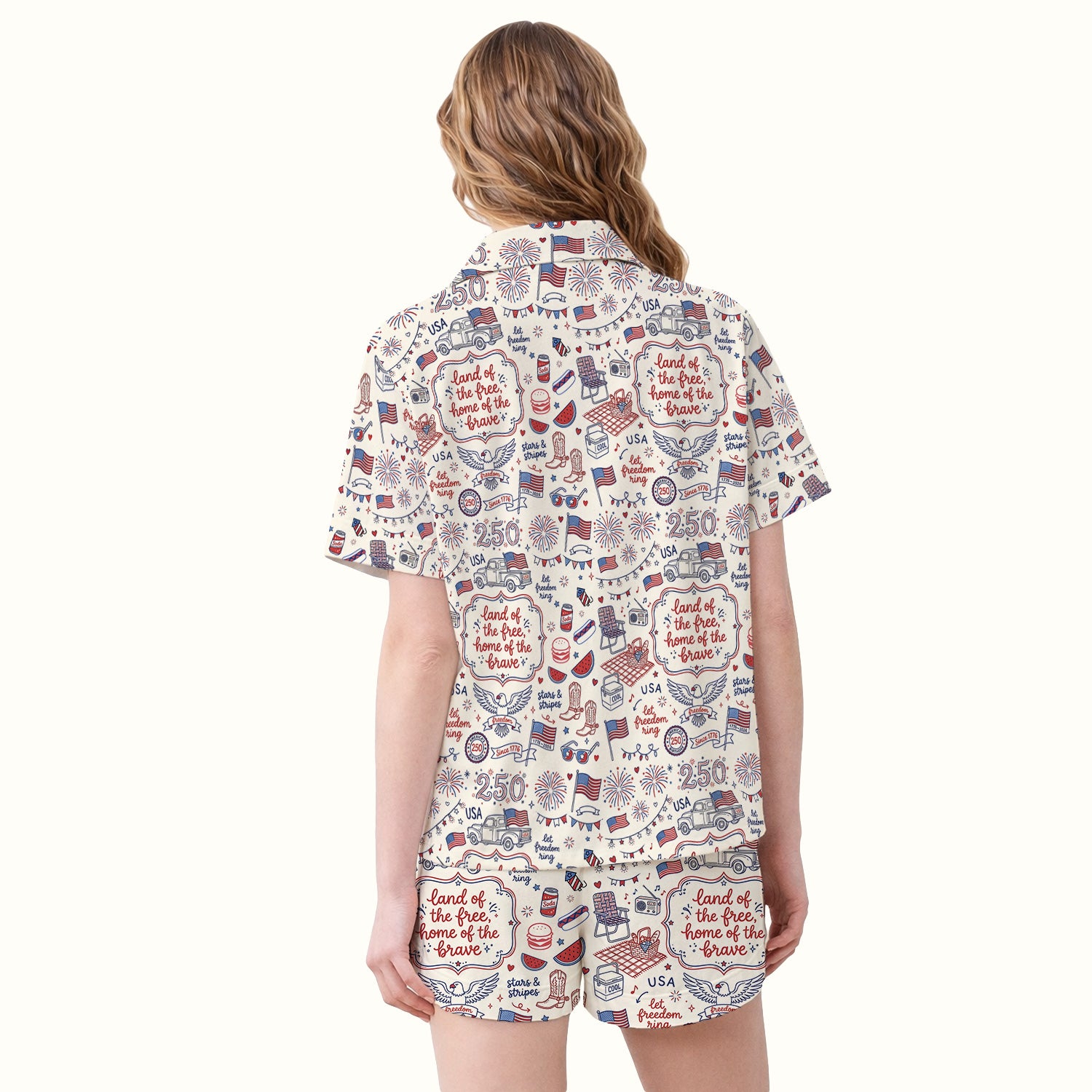 Vintage USA Freedom Print Pajama Set, Soft Breathable Fabric Comfortable Sleepwear