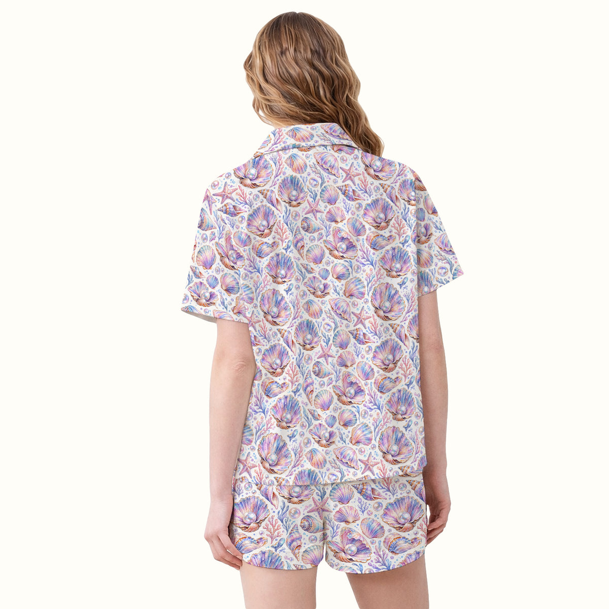 Pastel Seashell And Pearl Pattern Pajama Set, Soft Breathable Fabric Comfortable Sleepwear