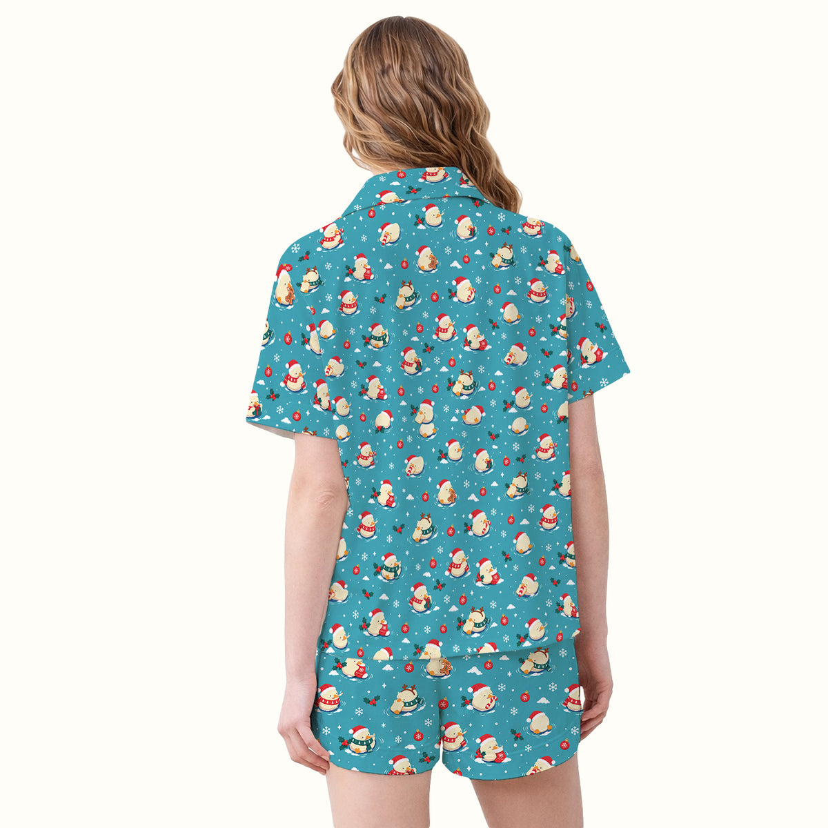 Christmas Ducks In Santa Hats Pajama Set, Soft Breathable Fabric Comfortable Sleepwear