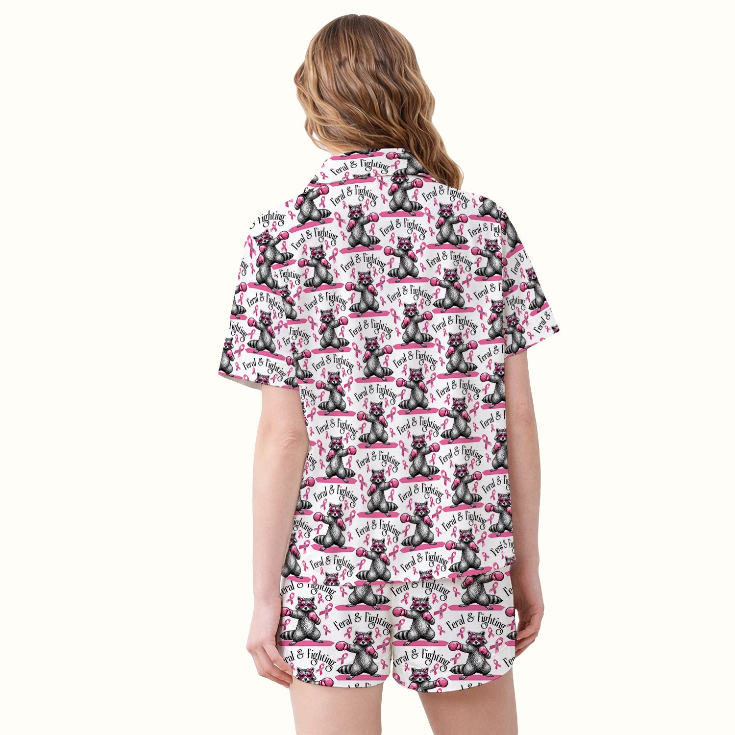 Breast Cancer Awareness Raccoon Pajama Set, Soft Breathable Fabric Comfortable Sleepwear