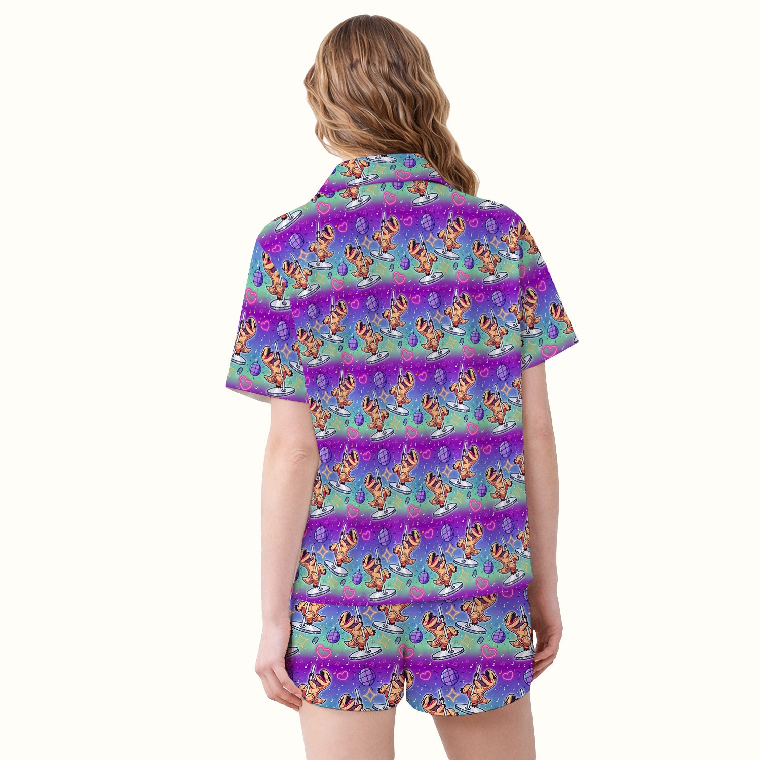 Funny Dancing Dinosaur Disco Party Pattern Nurse Pajama Set, Soft Breathable Fabric Comfortable Sleepwear