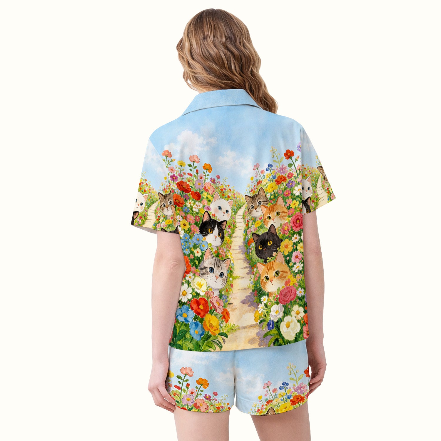 Cute Garden Cats Flower Path Pattern Pajama Set, Soft Breathable Fabric Comfortable Sleepwear