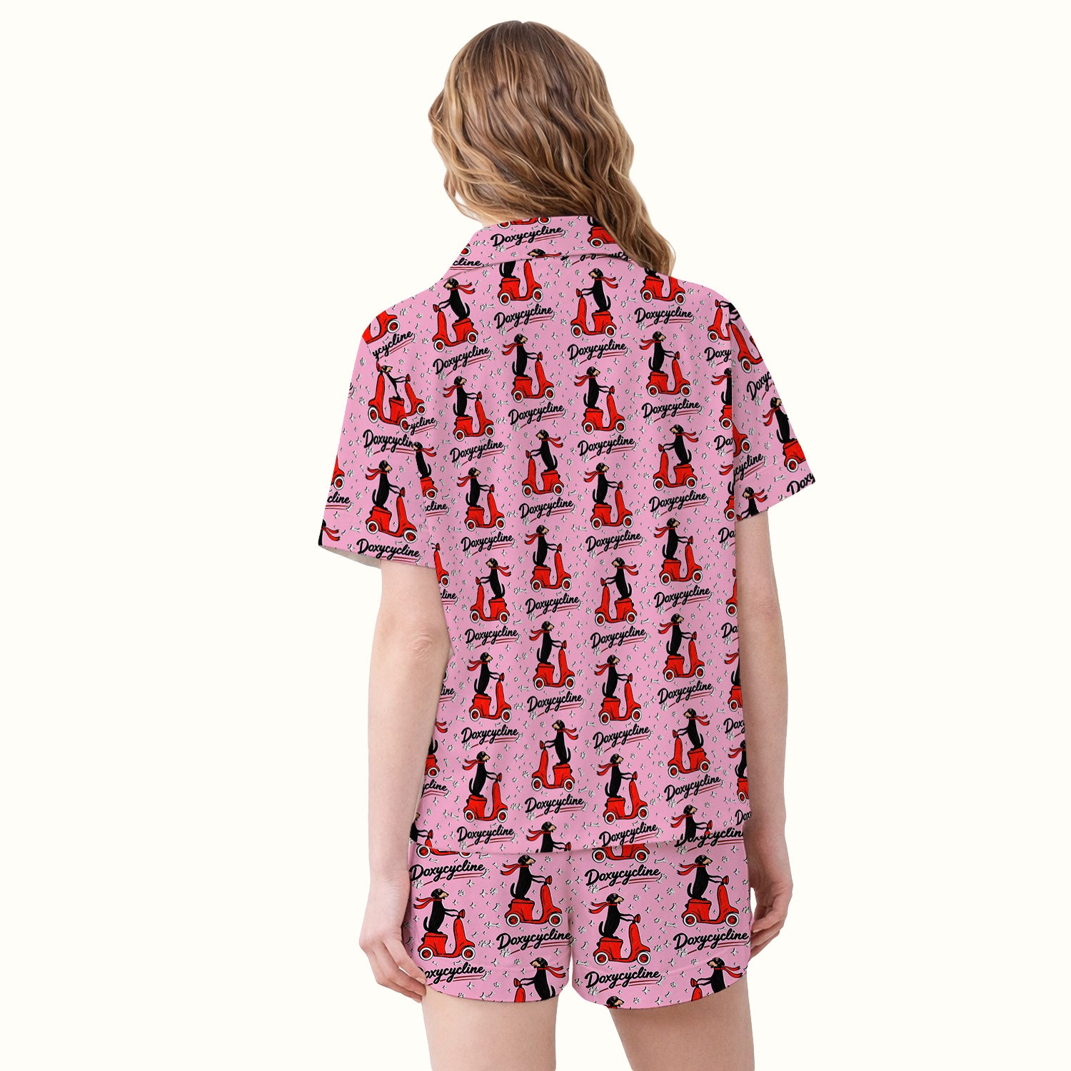 Funny Dachshund Riding Scooter Doxycycline Print Pajama Set, Breathable Fabrics Uniform