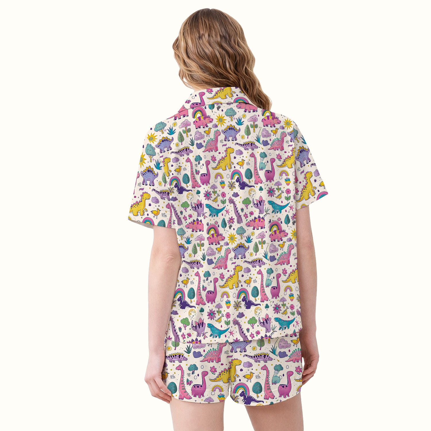 Cute Dinosaur Rainbow Pattern Pajama Set, Soft Breathable Fabric Comfortable Sleepwear