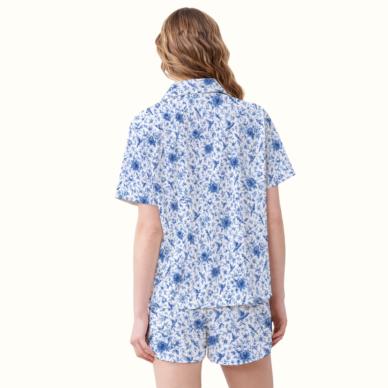 Blue Floral Hummingbird Toile Pattern Pajama Set, Soft Breathable Fabric Comfortable Sleepwear