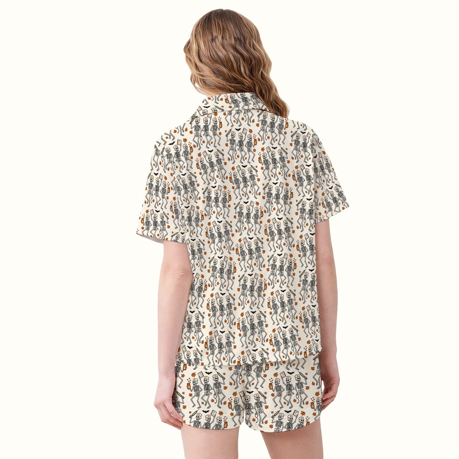 Funny Halloween Skeleton Pattern Pajama Set, Soft Breathable Fabric Comfortable Sleepwear