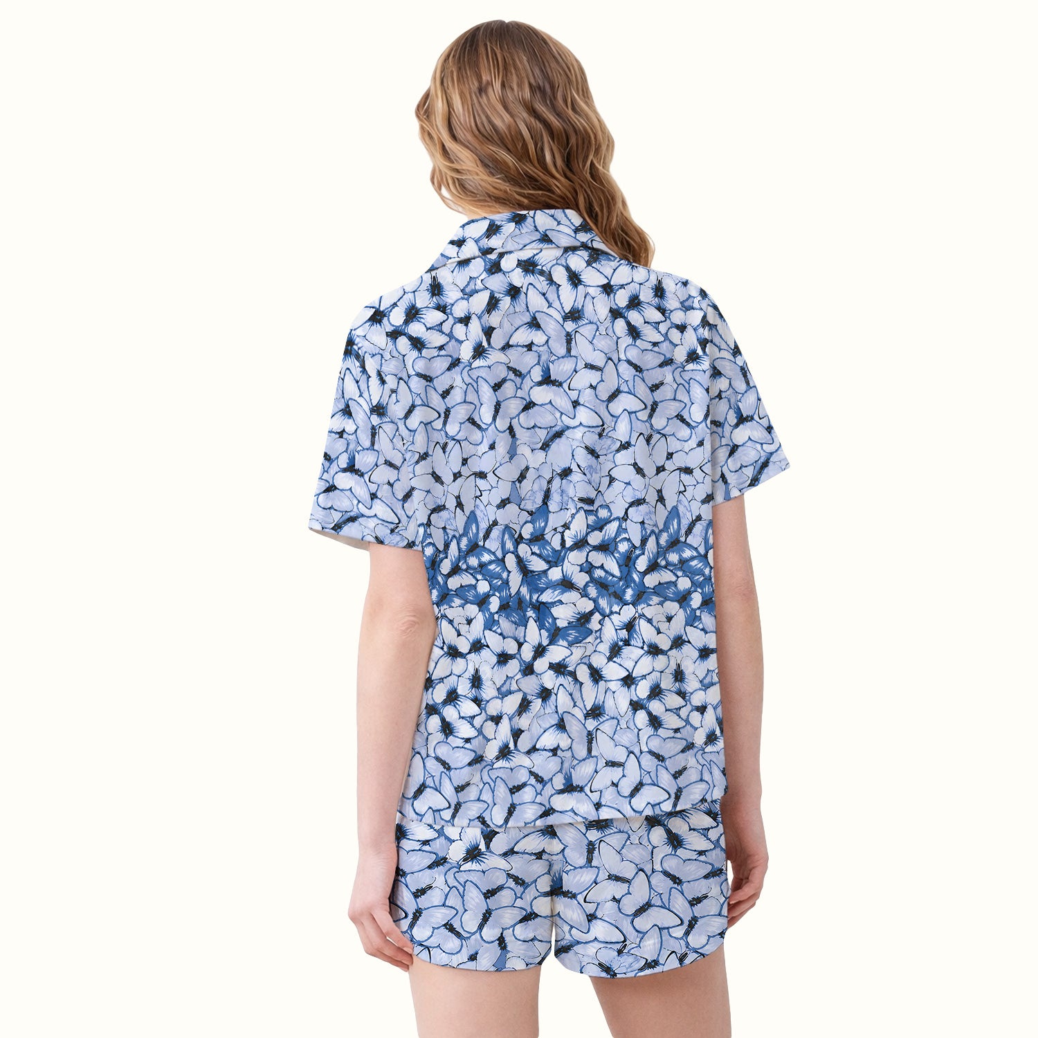 Blue Butterfly Floral Pattern Pajama Set, Soft Breathable Fabric Comfortable Sleepwear