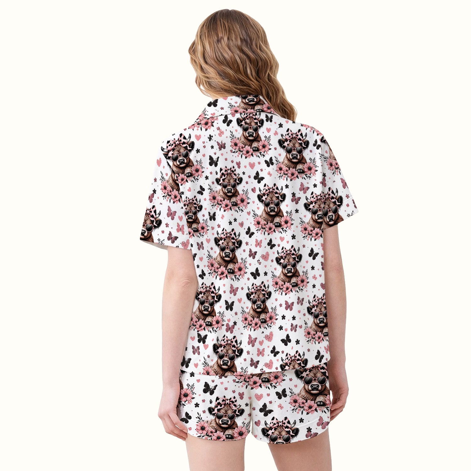 Cute Cow With Heart Sunglasses Pattern Pajama Set, Soft Breathable Fabric Comfortable Sleepwear